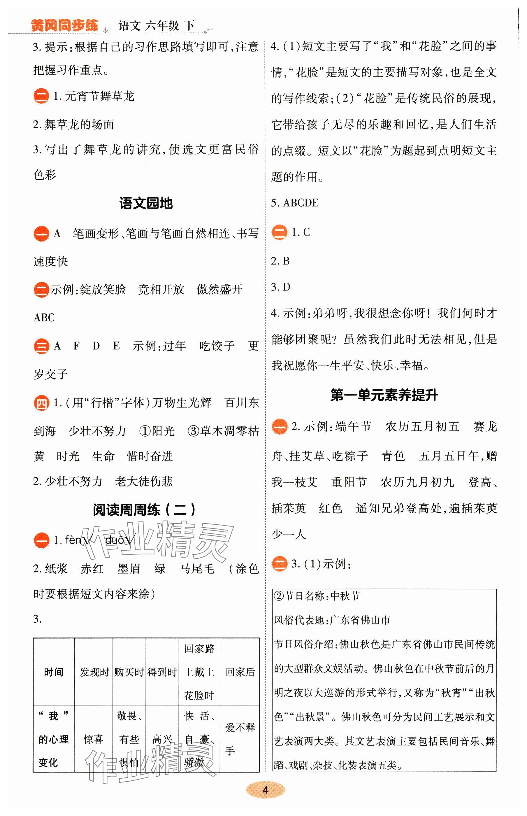 2025年黃岡同步練一日一練六年級語文下冊人教版 參考答案第4頁