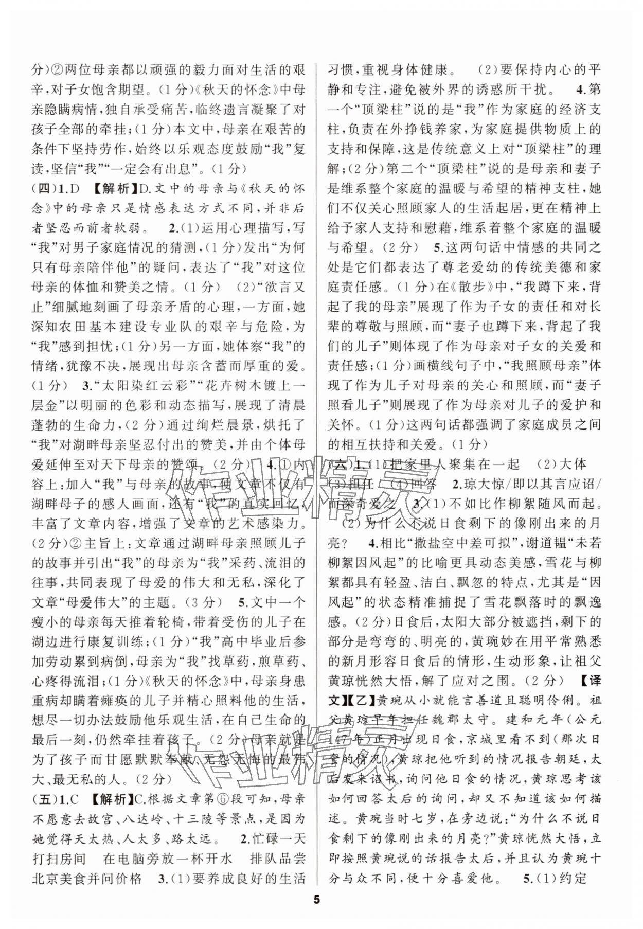 2025年语文花开现代文阅读七年级语文上册&nbsp;参考答案第5页