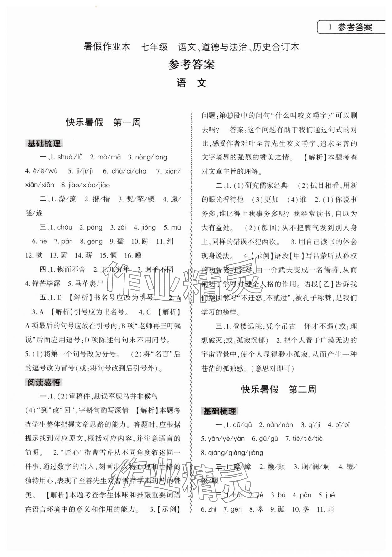 2024年暑假作业本大象出版社七年级语文道德与法治历史合订本 第1页