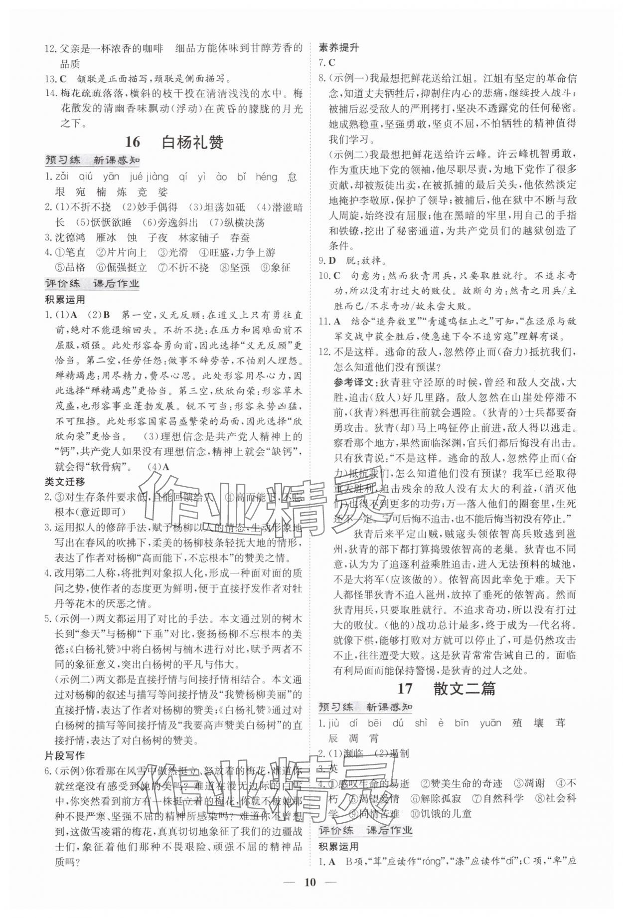 2025年初中同步学习导与练导学探究案八年级语文上册人教版四川专版 参考答案第10页