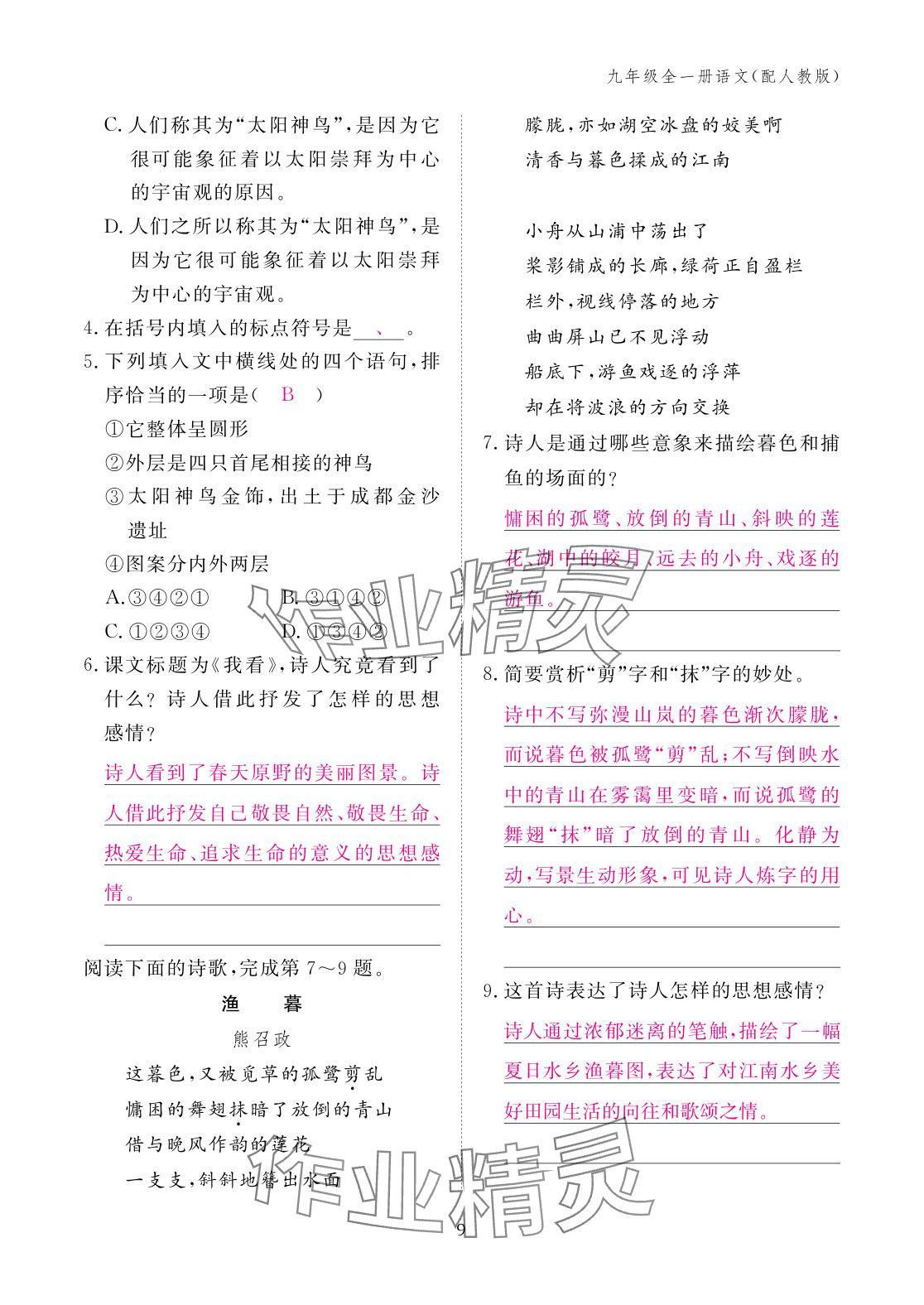 2025年作业本江西教育出版社九年级语文全一册人教版 参考答案第9页