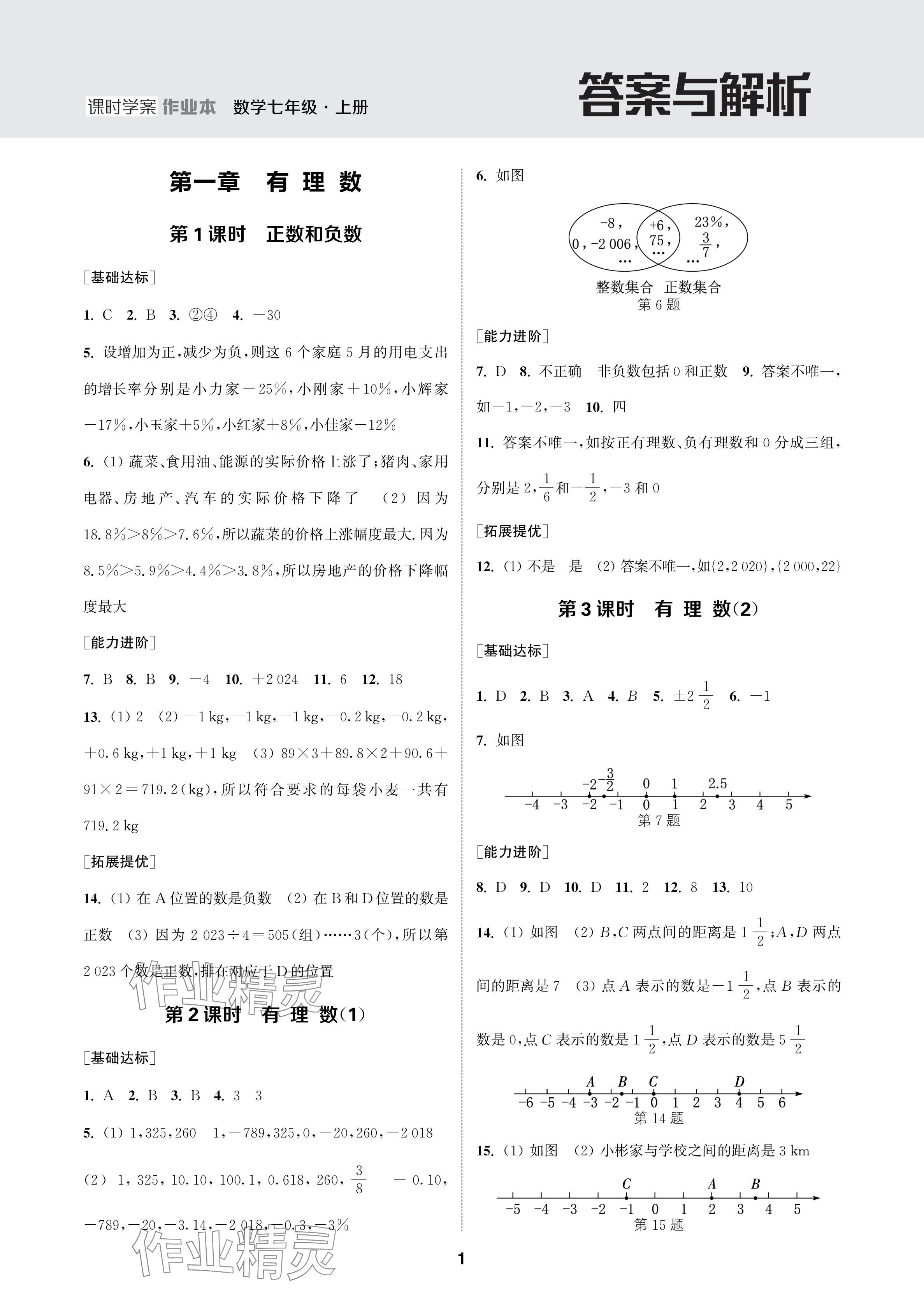 2024年金鑰匙課時學(xué)案作業(yè)本七年級數(shù)學(xué)上冊人教版 參考答案第1頁