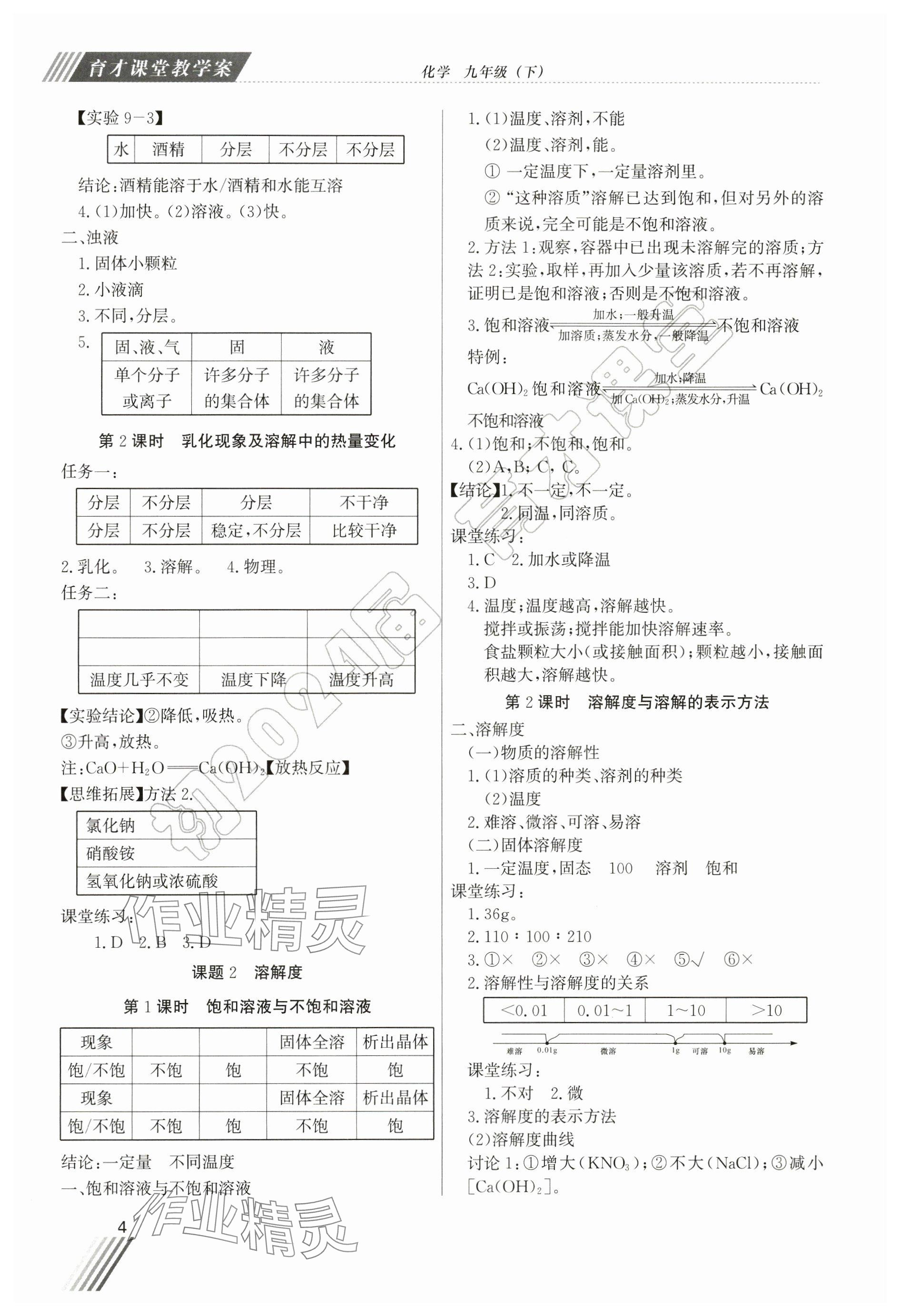 2024年育才課堂教學(xué)案九年級化學(xué)下冊 參考答案第4頁