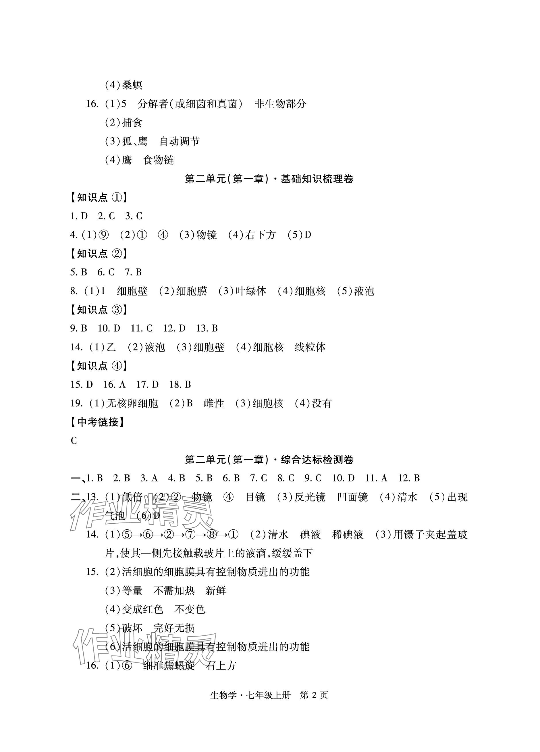 2023年初中同步練習(xí)冊自主測試卷七年級生物上冊人教版 參考答案第2頁