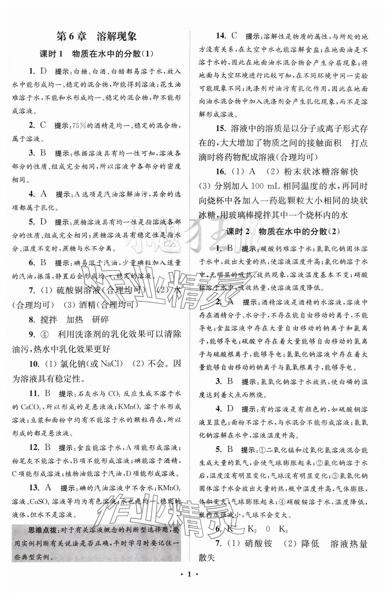 2024年初中化学小题狂做九年级下册沪教版提优版 参考答案第1页