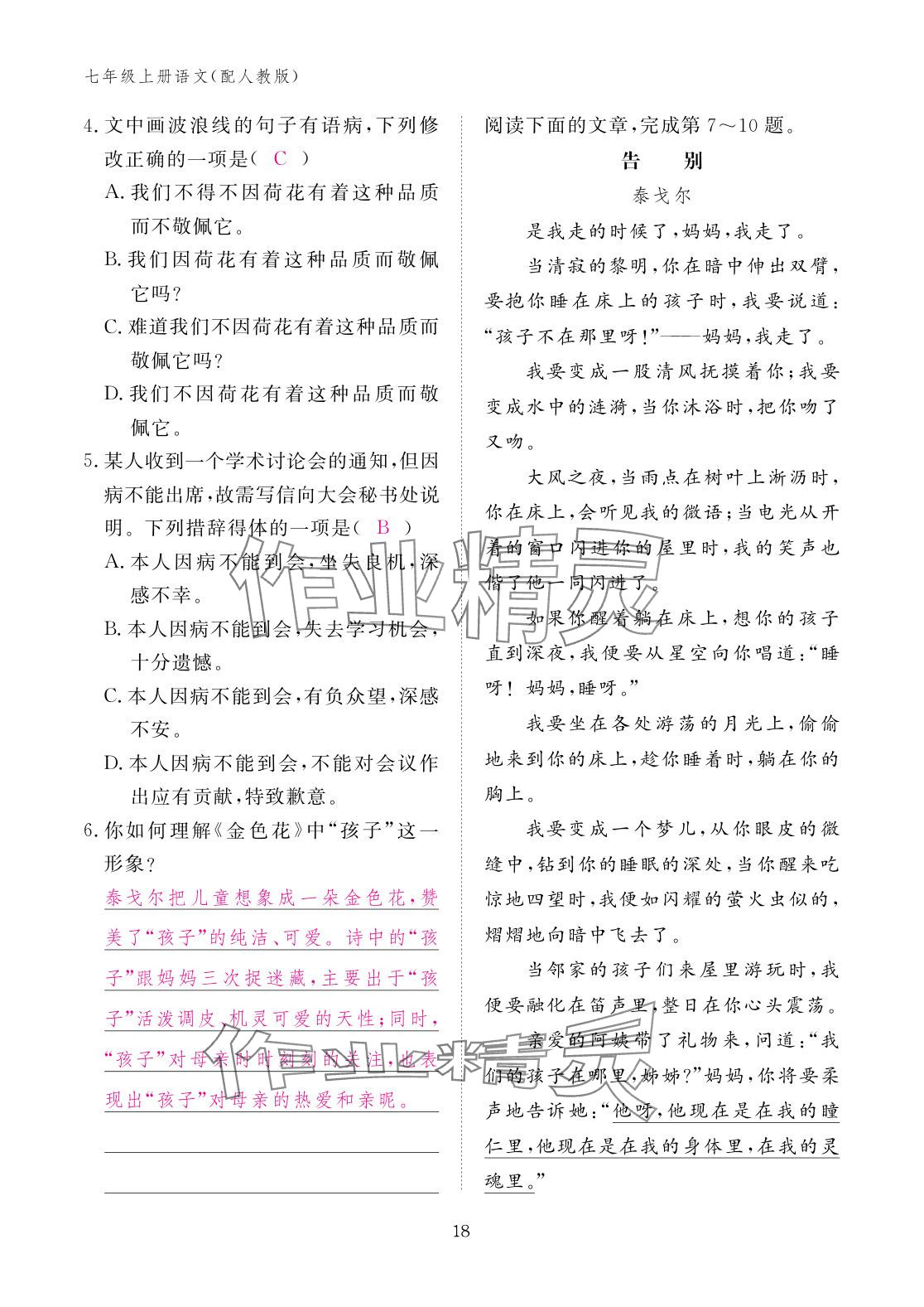 2025年作业本江西教育出版社七年级语文上册人教版 参考答案第18页