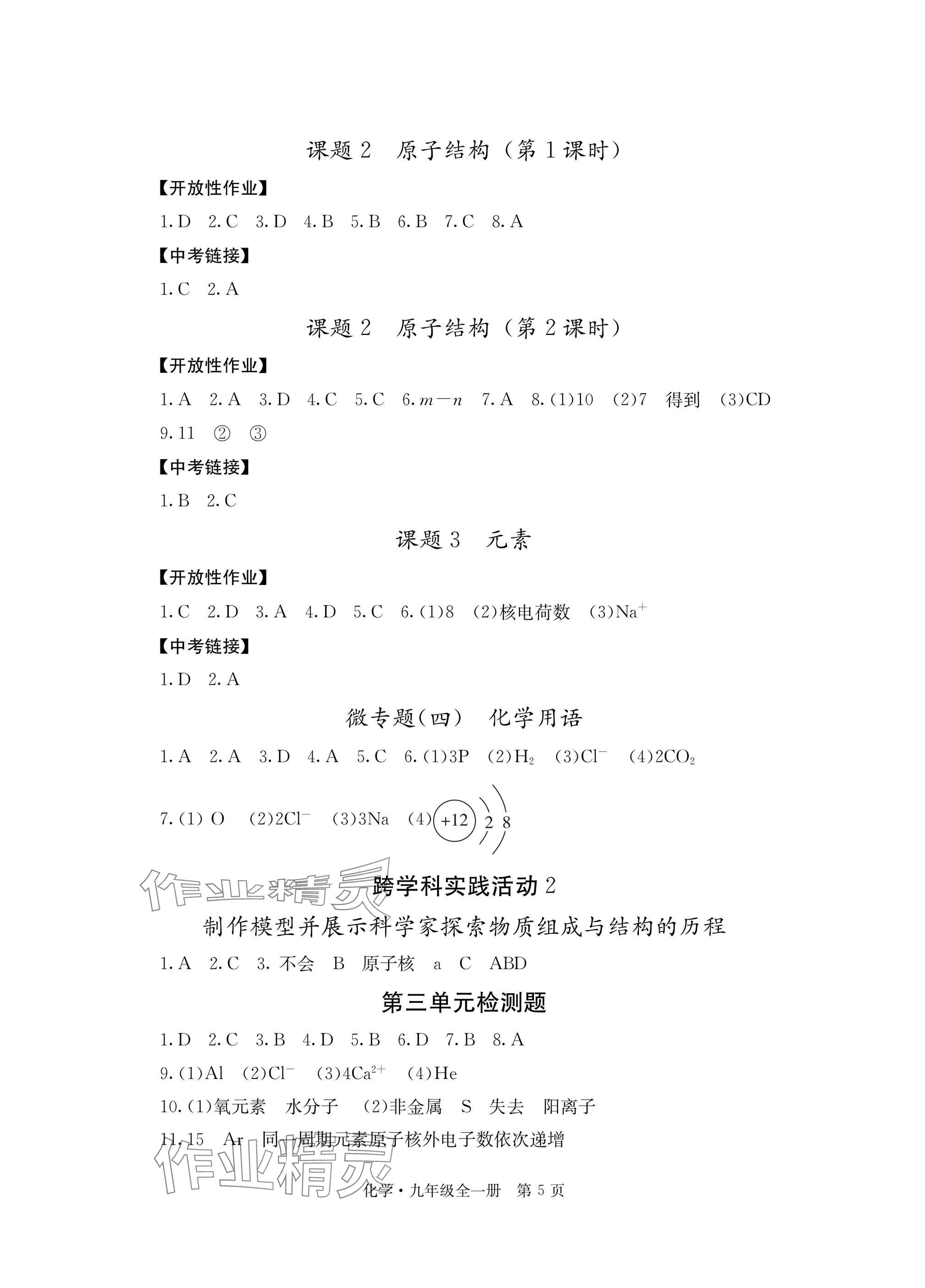 2025年自主学习指导课程与测试九年级化学全一册人教版&nbsp;参考答案第5页
