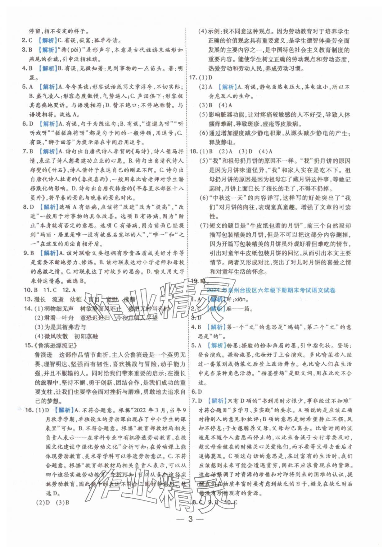 2025年小學畢業沖刺22套卷語文泉州專版 參考答案第3頁