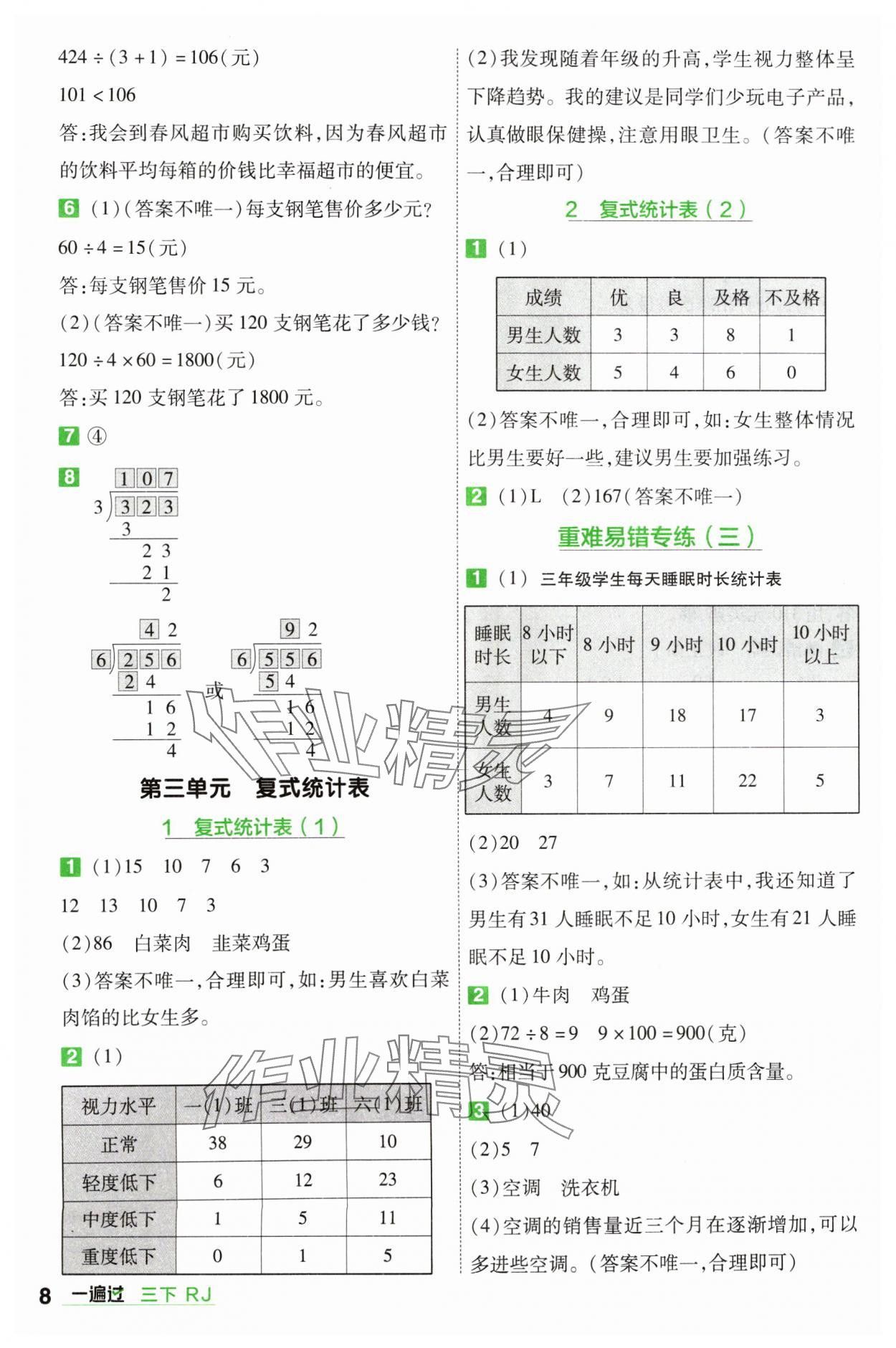 2024年一遍過(guò)三年級(jí)小學(xué)數(shù)學(xué)下冊(cè)人教版 參考答案第8頁(yè)