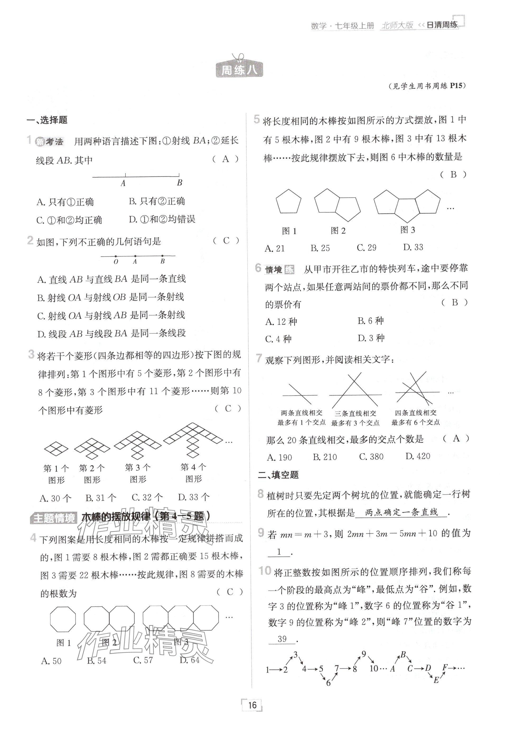 2024年日清周练七年级数学上册北师大版 参考答案第16页