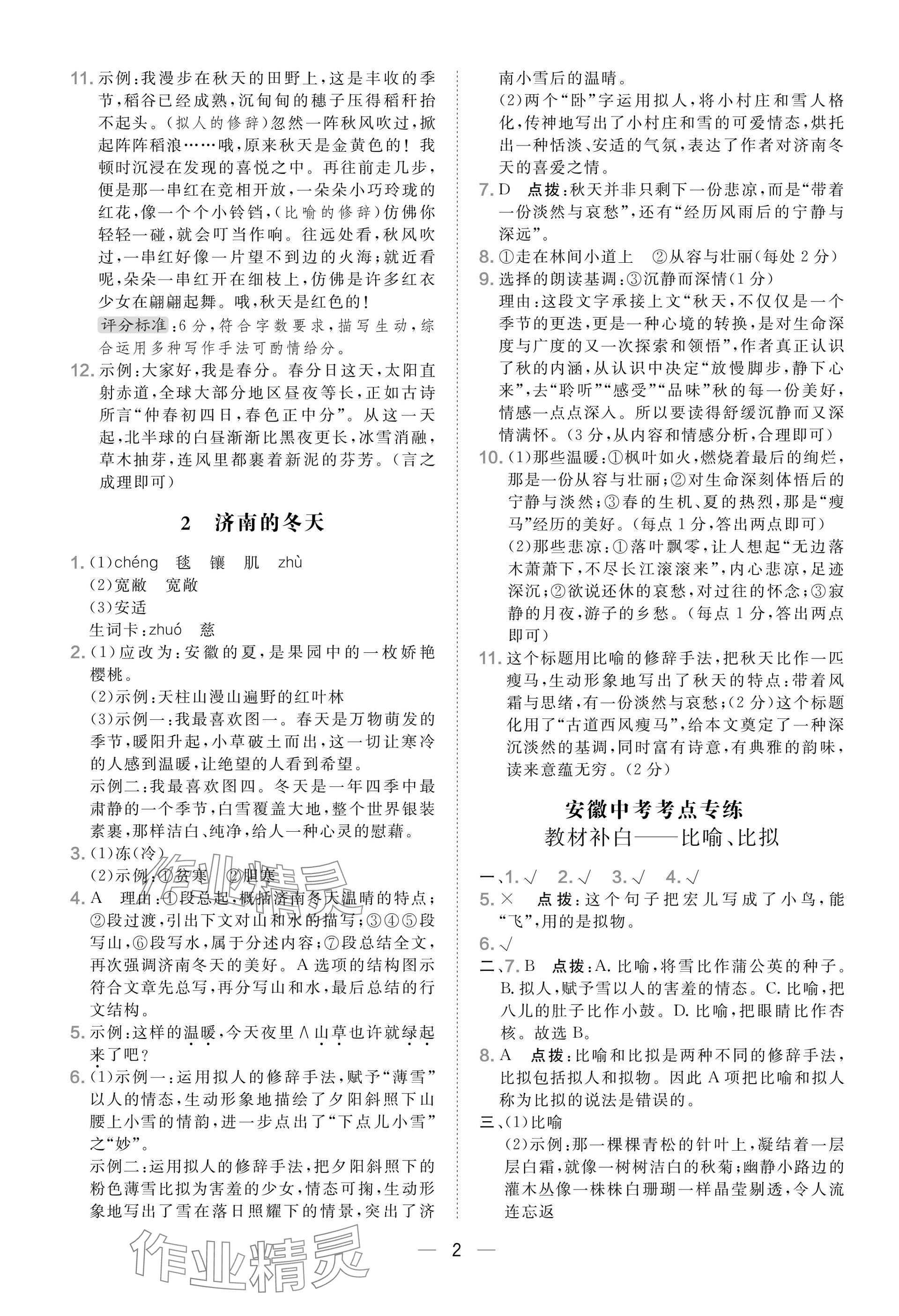2025年点拨训练七年级语文上册人教版安徽专版 参考答案第2页