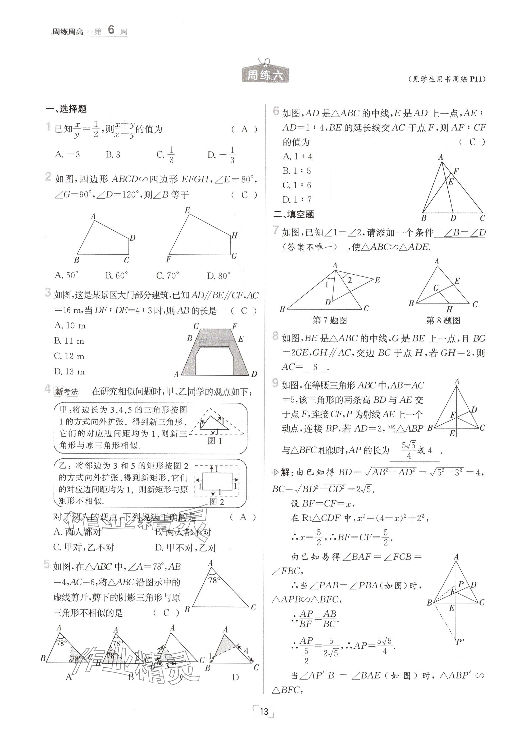 2024年日清周練九年級數(shù)學全一冊北師大版 參考答案第13頁