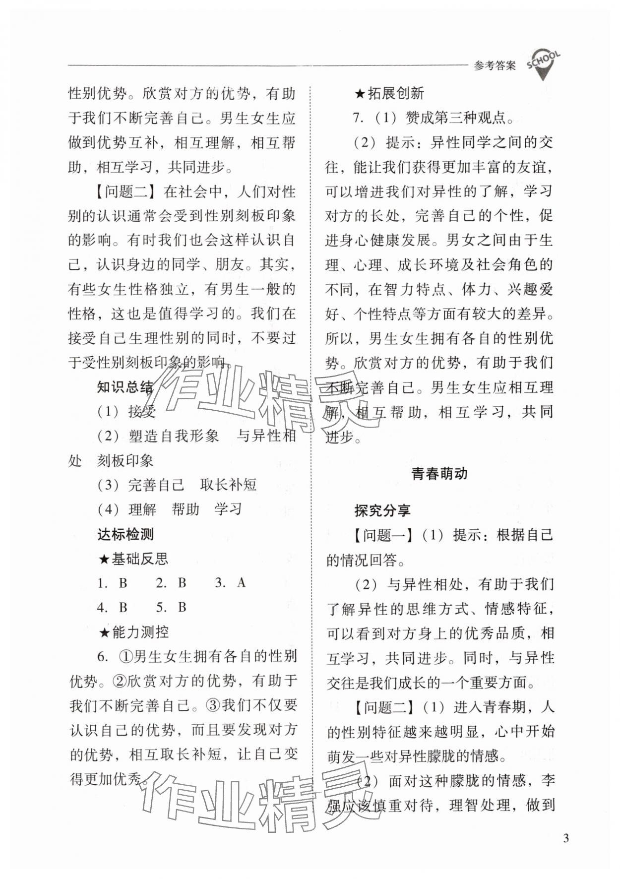 2024年新课程问题解决导学方案七年级道德与法治下册人教版 参考答案第3页