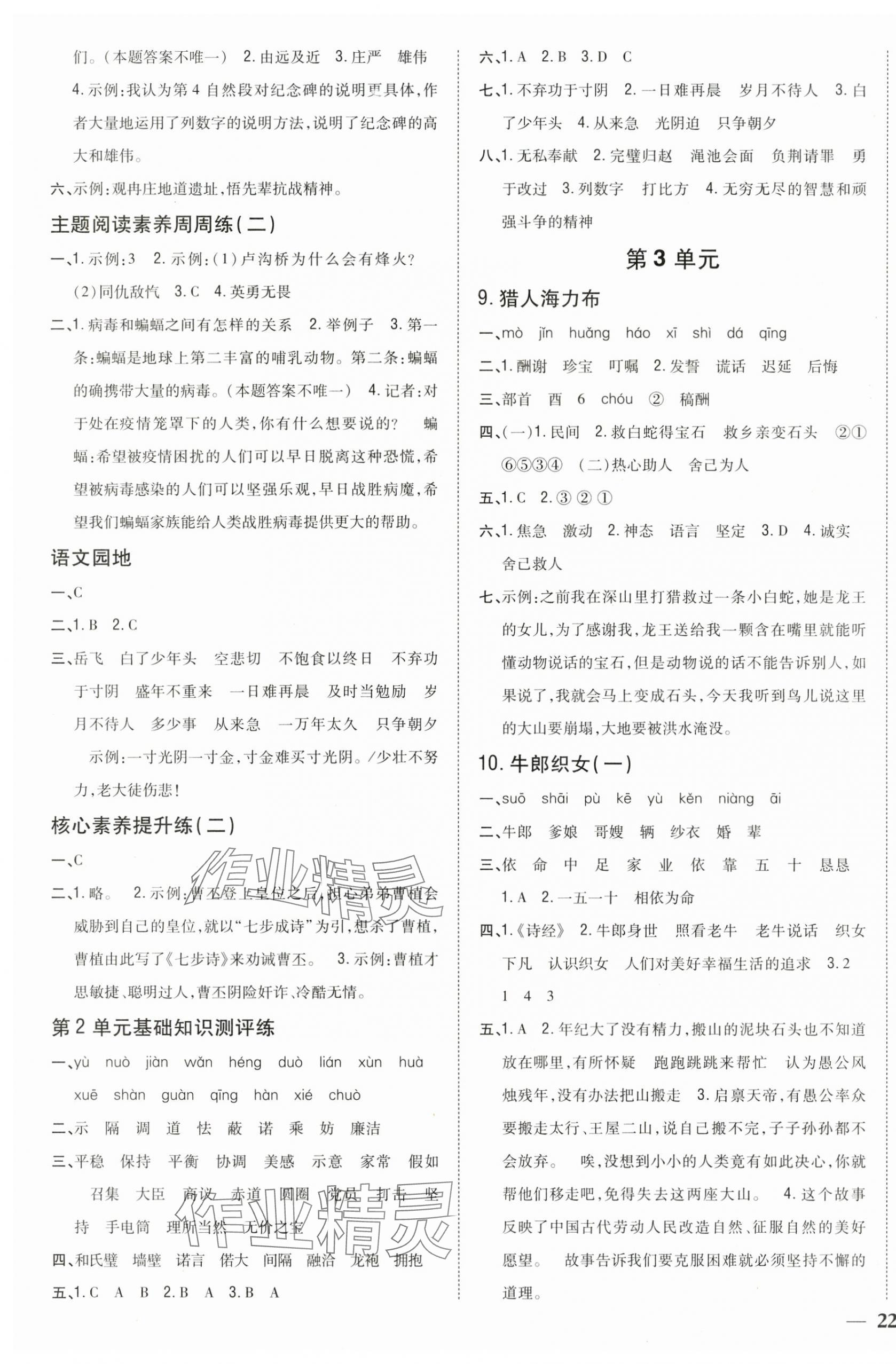2025年全科王同步課時練習五年級語文上冊人教版 參考答案第3頁