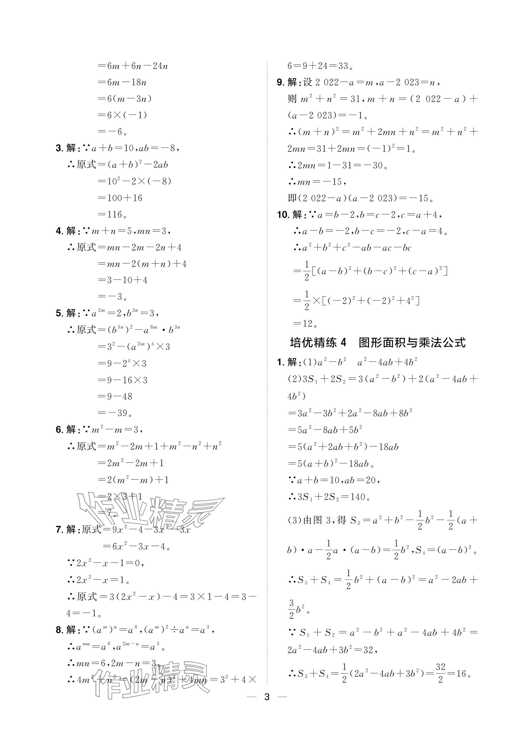 2025年陽光同學分層設計七年級數學下冊北師大版福建專版 參考答案第3頁