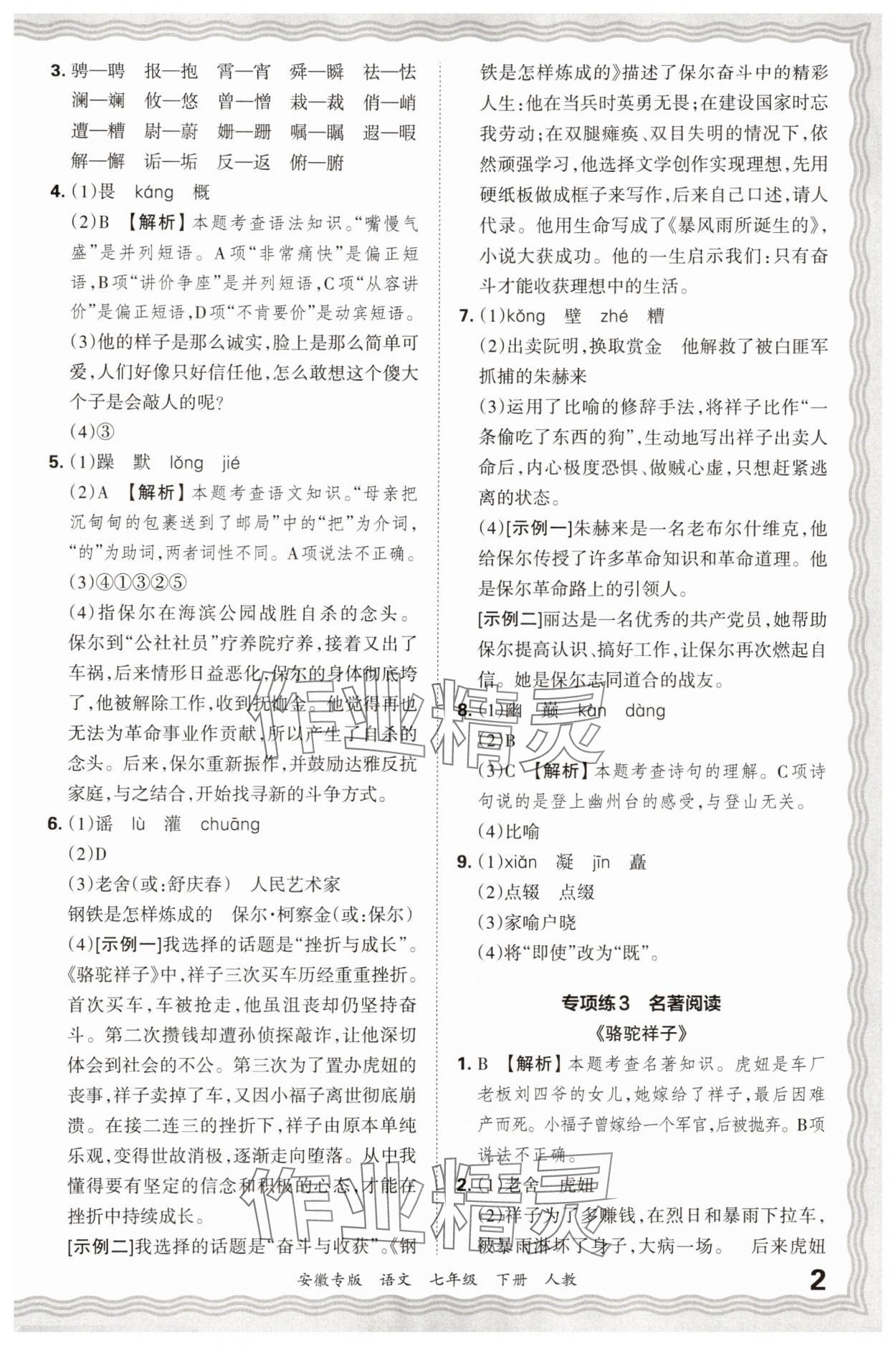 2025年王朝霞各地期末试卷精选七年级语文下册人教版安徽专版 参考答案第2页