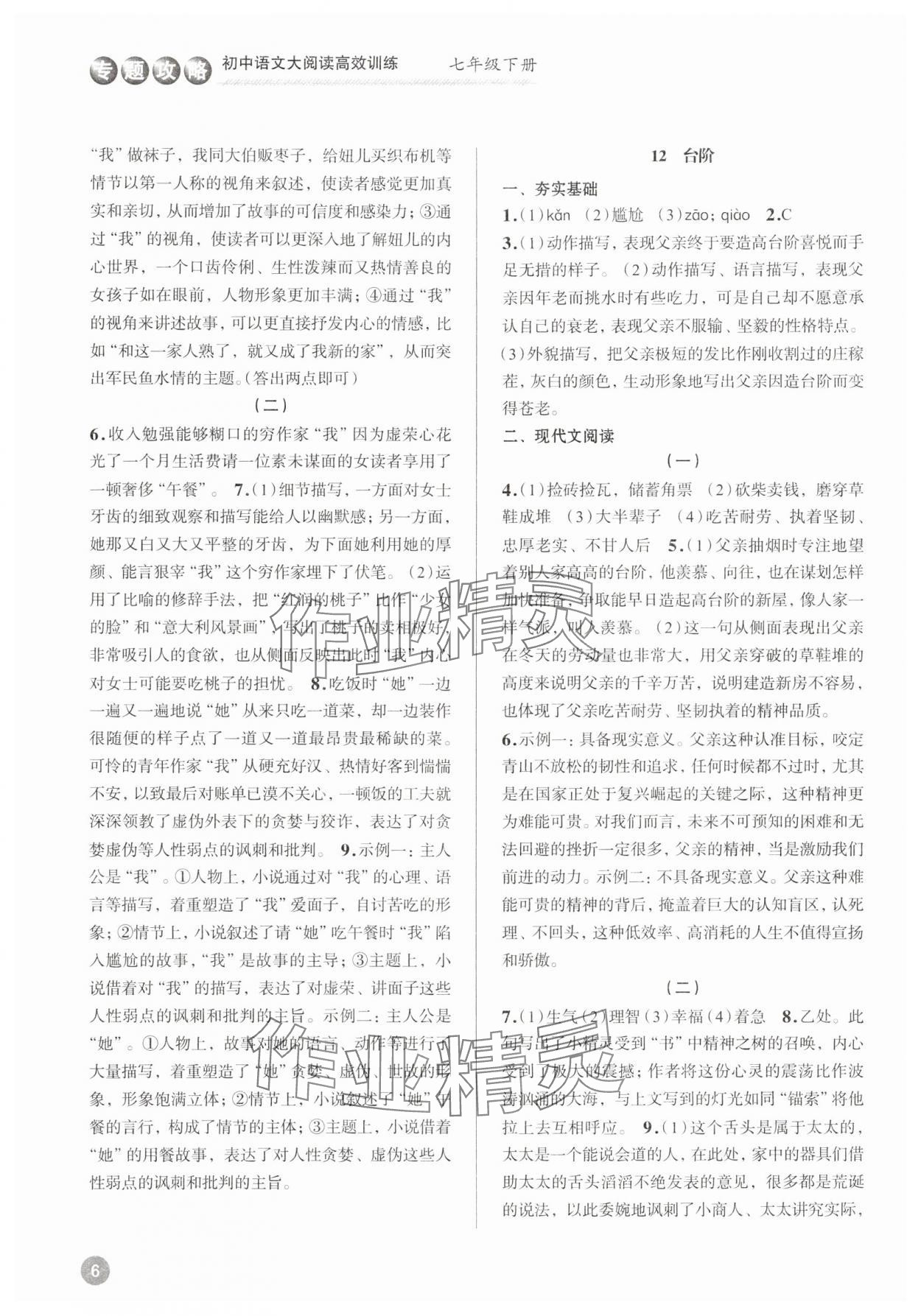 2025年初中語文大閱讀高效訓練七年級下冊 參考答案第6頁