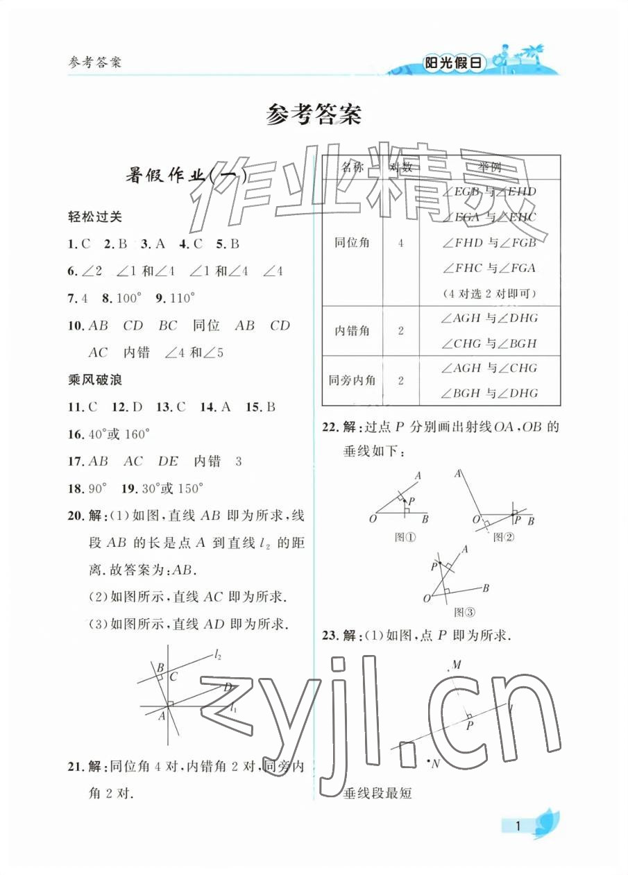 2026年阳光假日暑假七年级数学人教版&nbsp;参考答案第1页