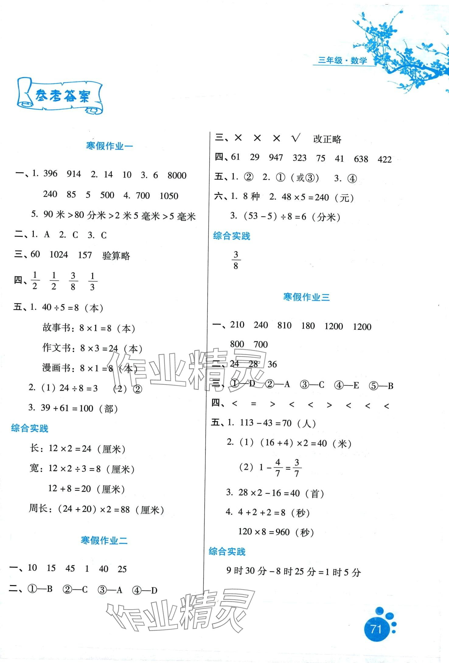 2024年寒假生活河北少年儿童出版社三年级数学冀教版 第1页