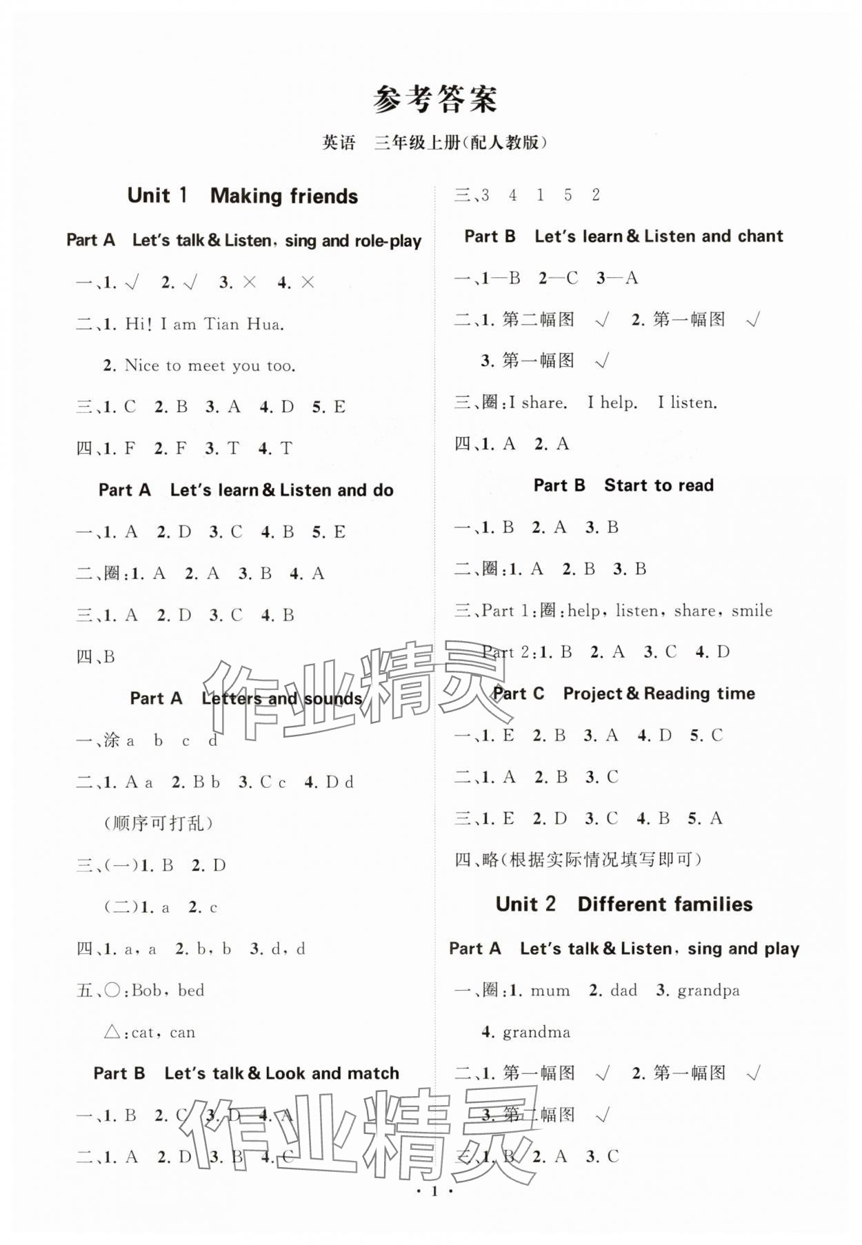 2024年同步練習(xí)冊(cè)分層指導(dǎo)三年級(jí)英語(yǔ)上冊(cè)人教版 參考答案第1頁(yè)