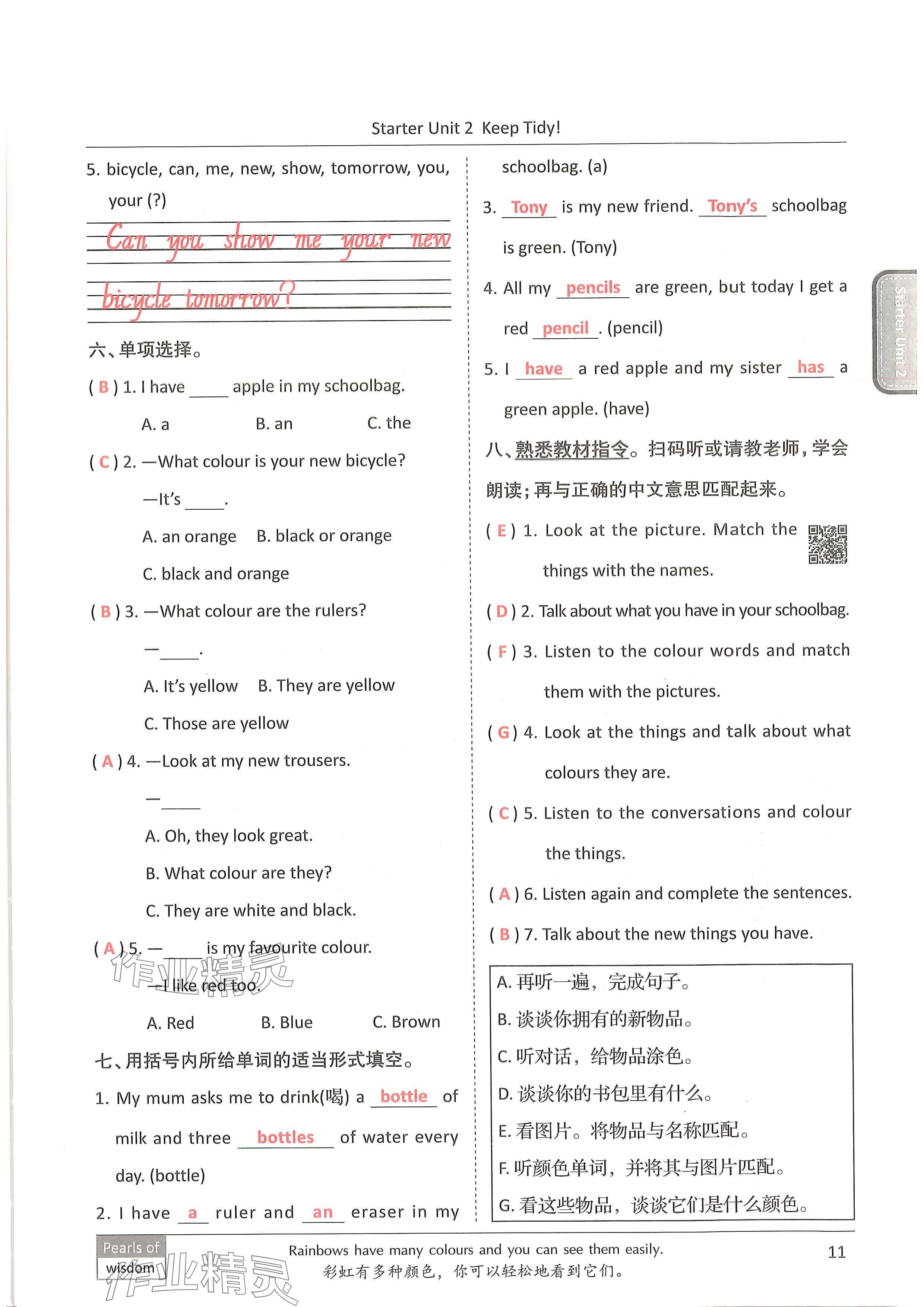 2024年新视界单元复习七年级英语上册人教版&nbsp;参考答案第10页