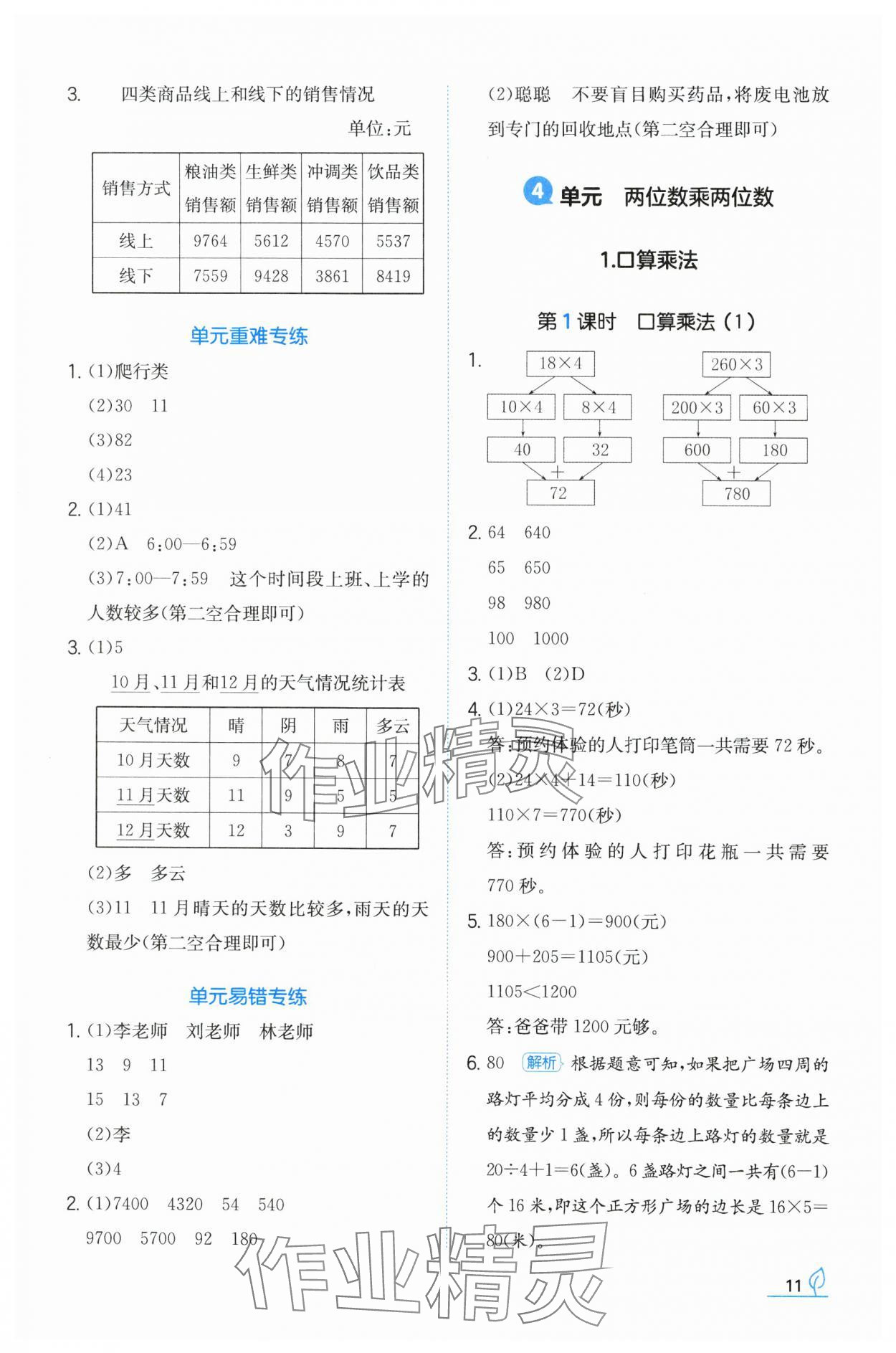 2024年一本同步訓(xùn)練三年級數(shù)學(xué)下冊人教版福建專版 參考答案第11頁