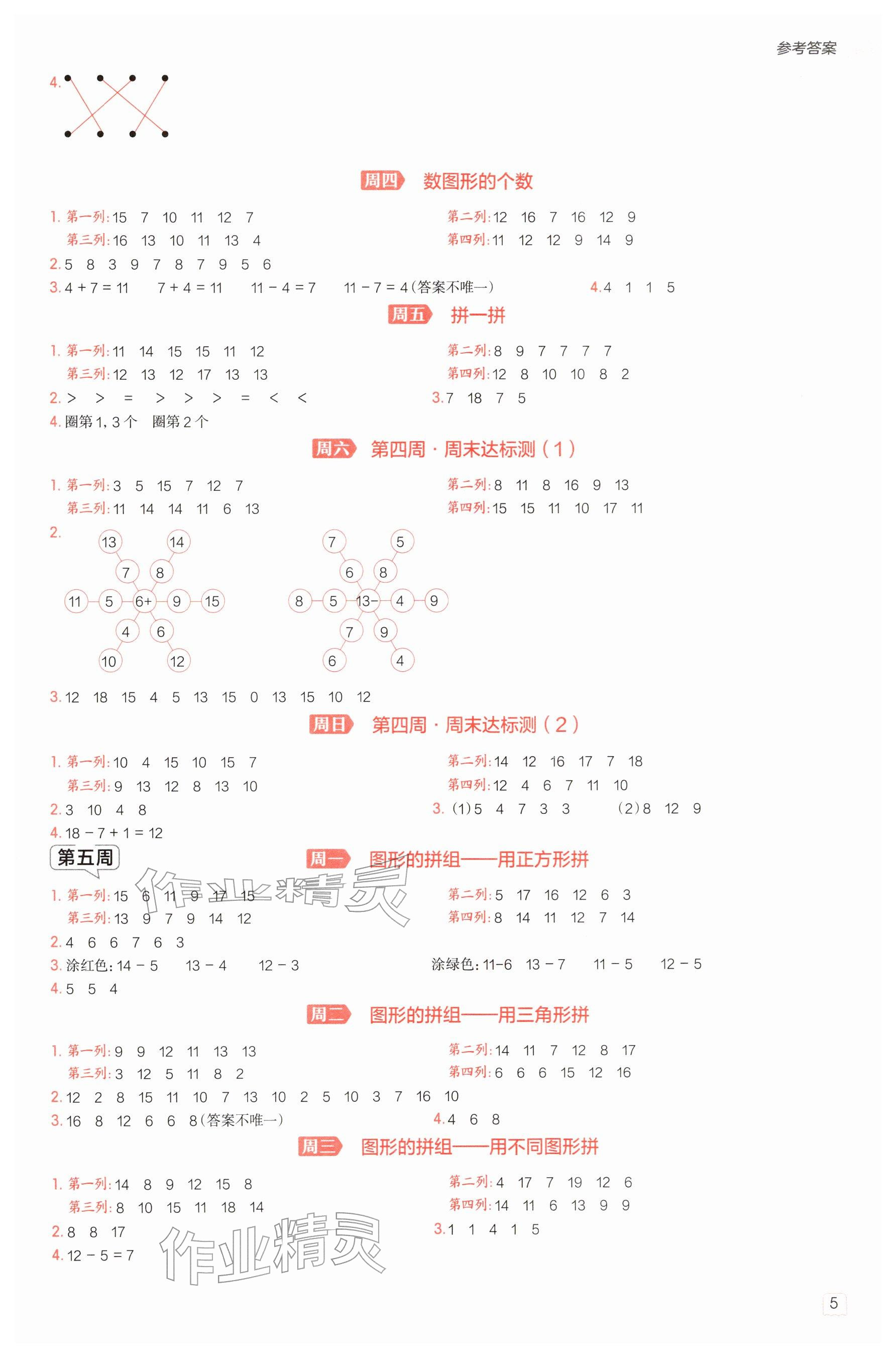 2026年星级口算天天练一年级数学下册苏教版&nbsp;参考答案第4页
