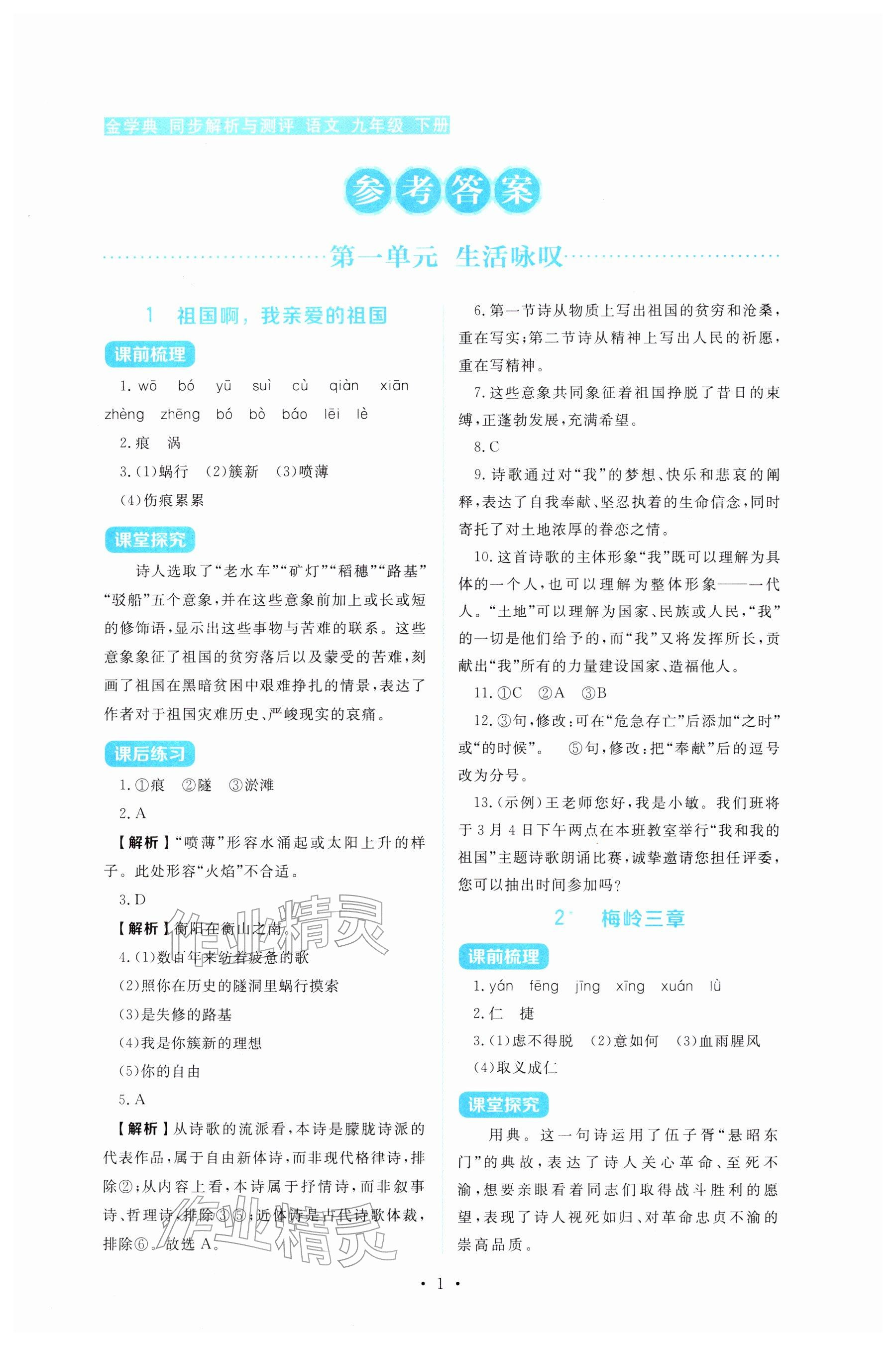 2026年金学典同步解析与测评贵州人民出版社九年级语文下册人教版&nbsp;参考答案第1页