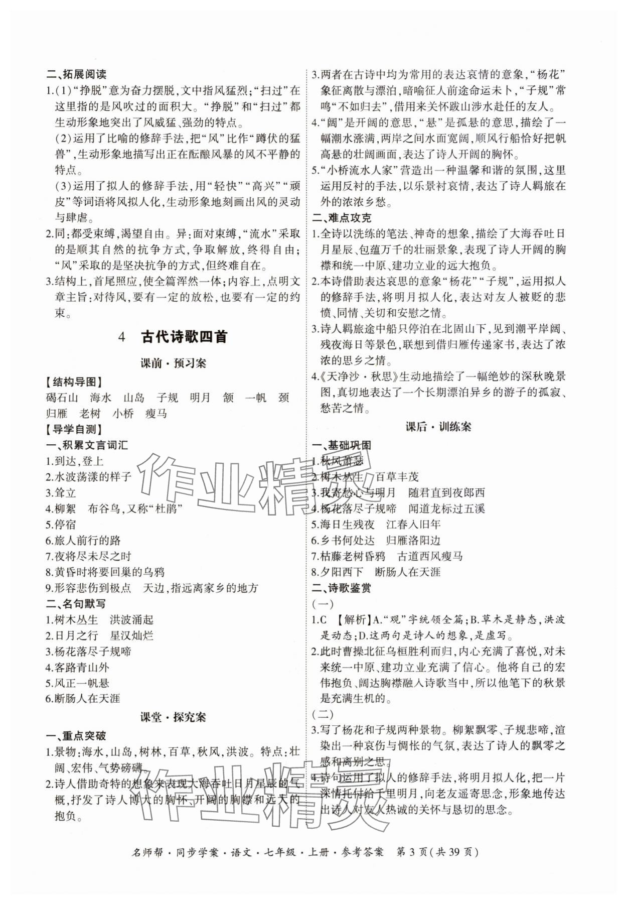 2023年名師幫同步學(xué)案七年級(jí)語(yǔ)文上冊(cè)人教版 參考答案第3頁(yè)