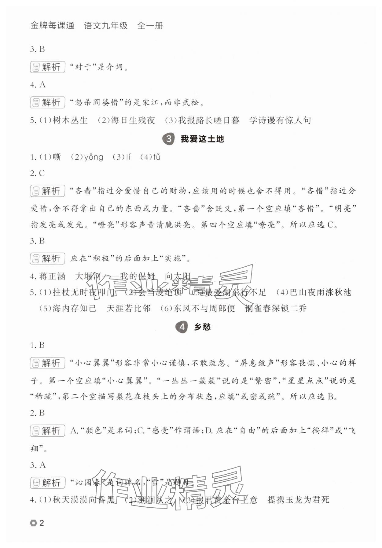 2025年點石成金金牌每課通九年級語文全一冊人教版遼寧專版 參考答案第2頁