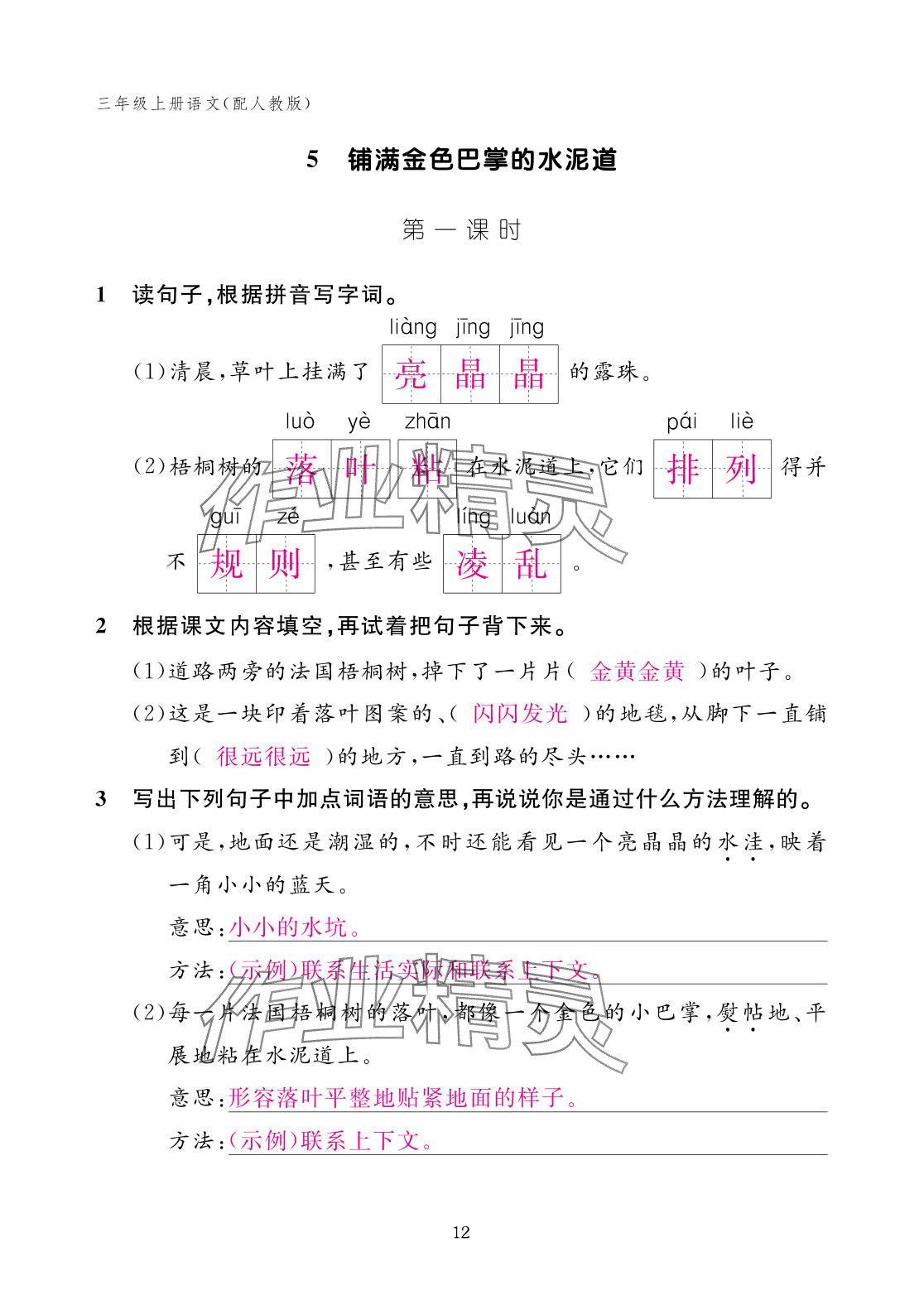 2025年作业本江西教育出版社三年级语文上册人教版 参考答案第12页