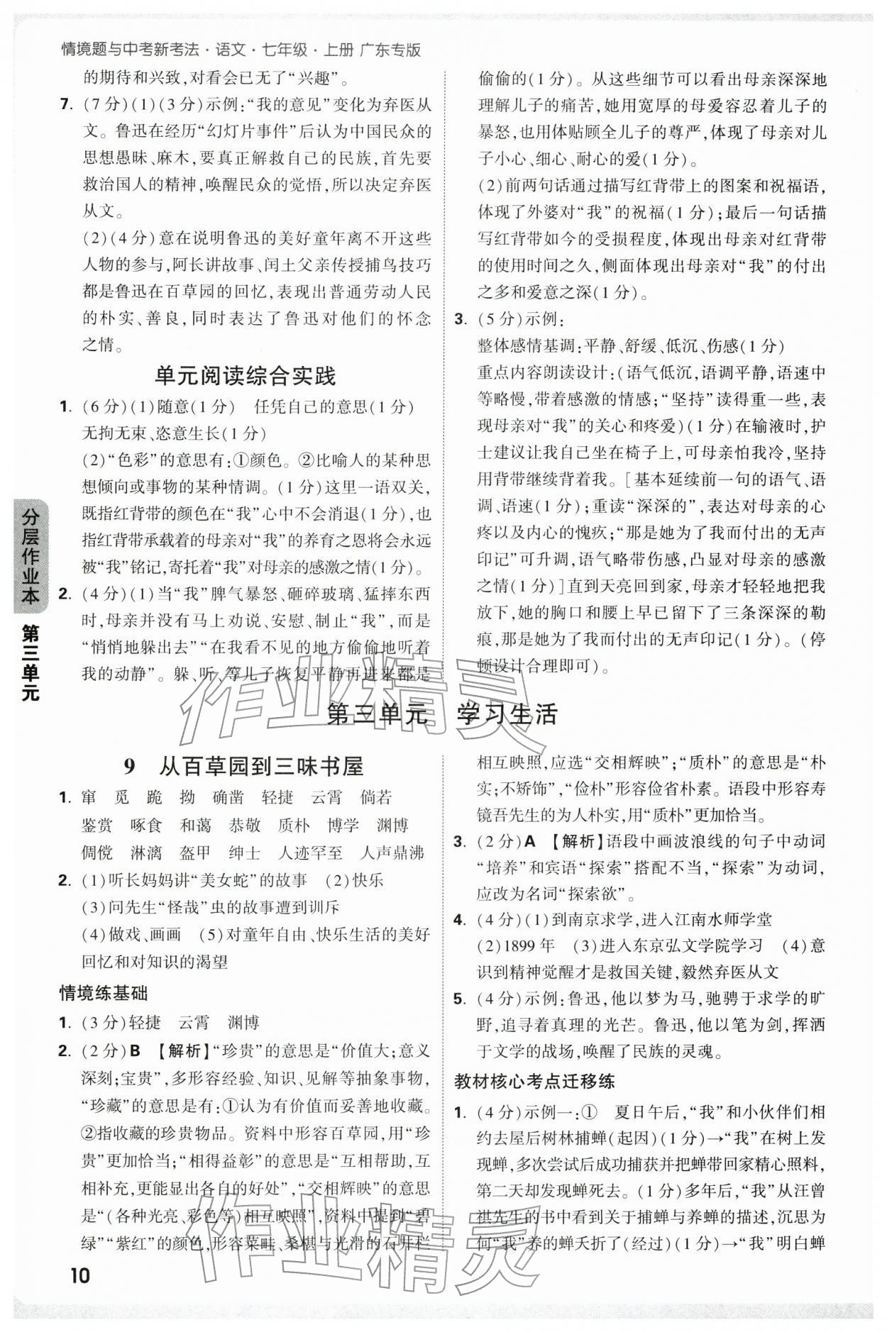 2025年万唯中考情境题七年级语文上册人教版广东专版 参考答案第10页