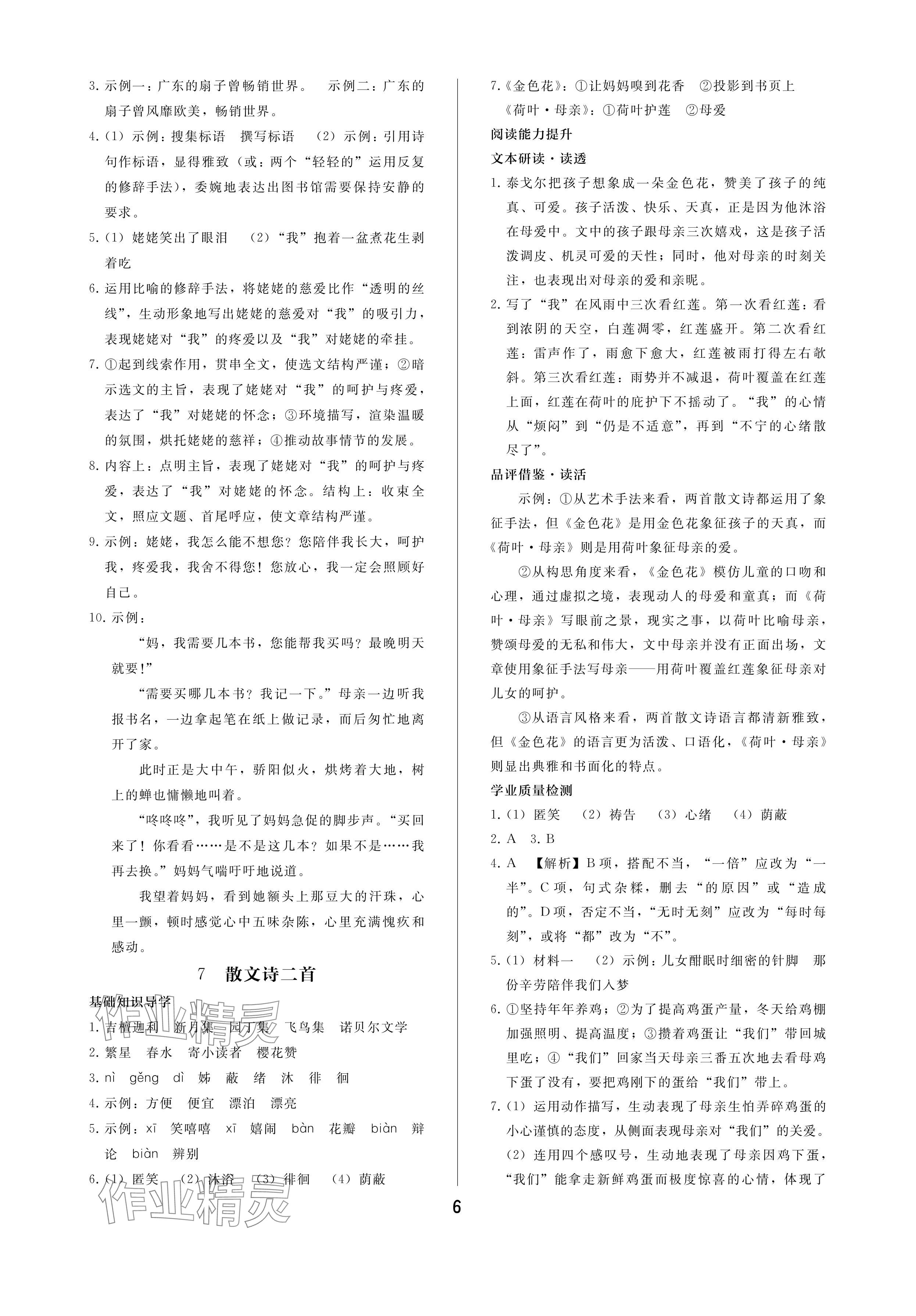 2024年新课程学习辅导七年级语文上册人教版中山专版 参考答案第6页