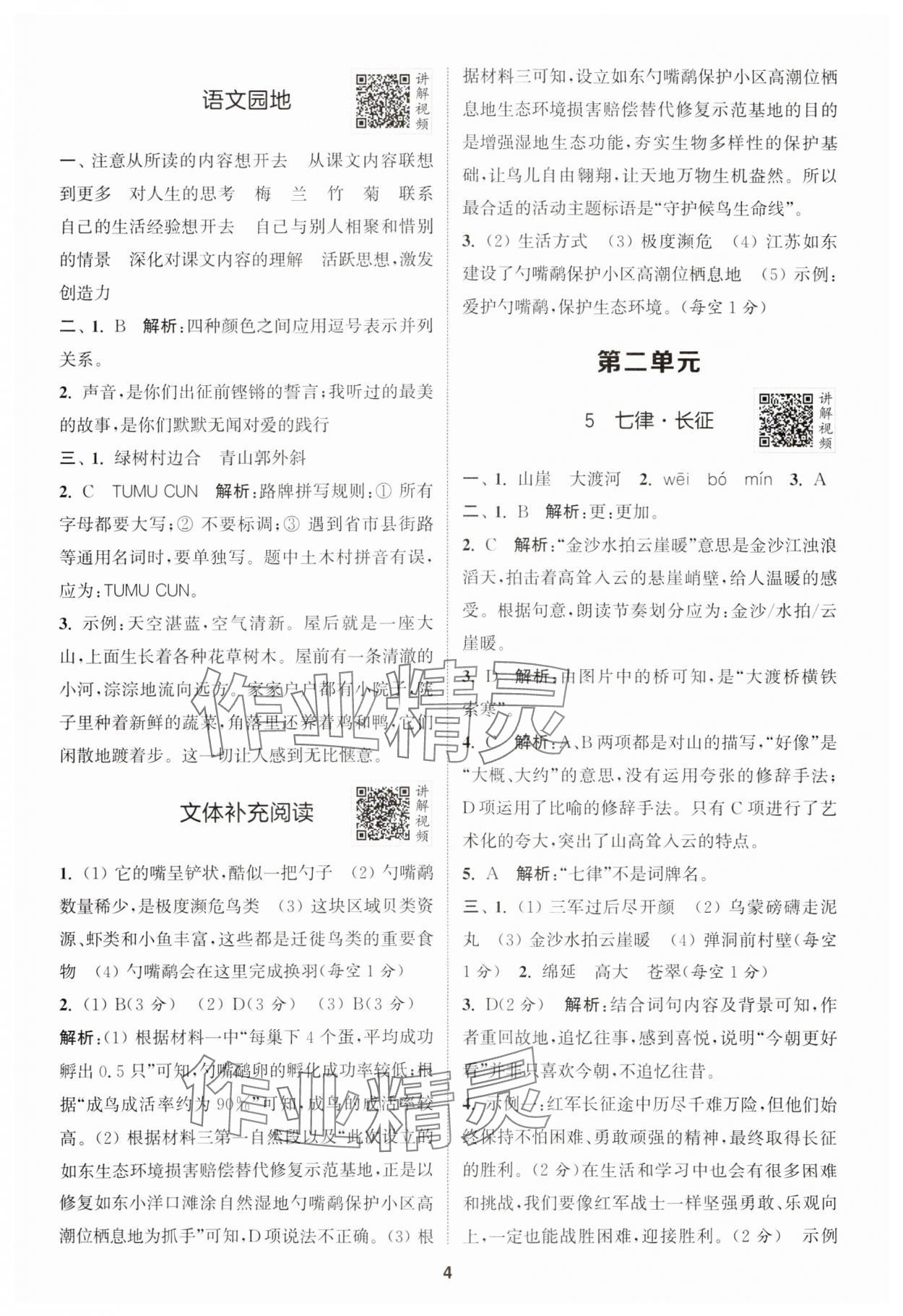 2024年拔尖特训六年级语文上册人教版江苏专版 参考答案第4页