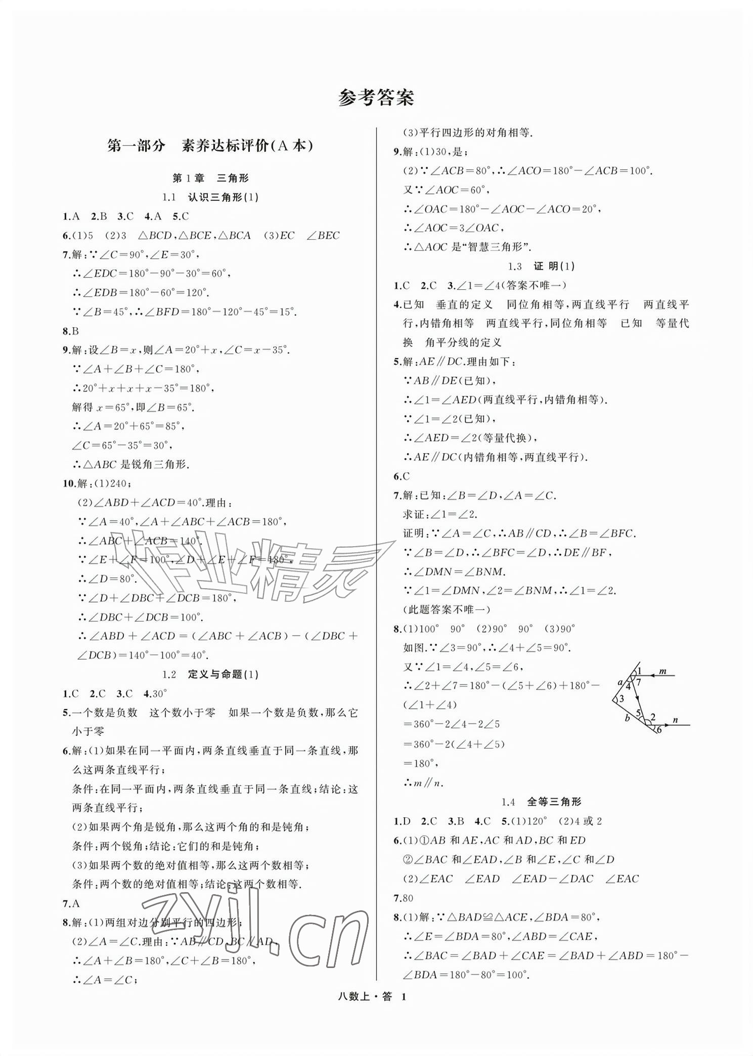 2026年名师面对面学科素养评价八年级数学上册浙教版&nbsp;参考答案第1页