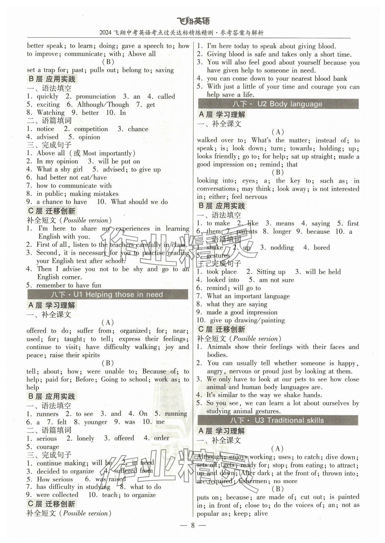 2024年飞翔英语中考广州专版&nbsp;参考答案第8页