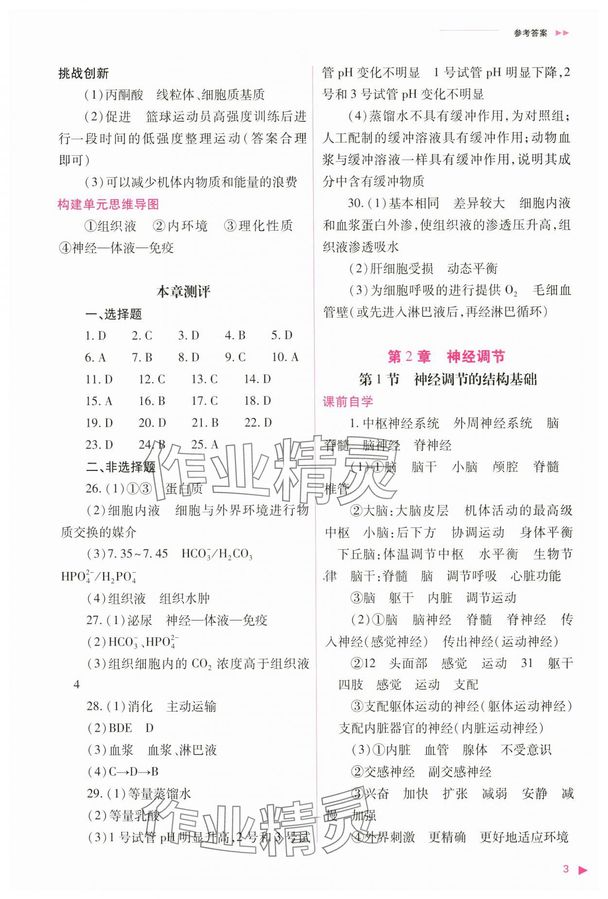 2024年普通高中新课程同步练习册高中生物选择性必修1人教版 参考答案第3页