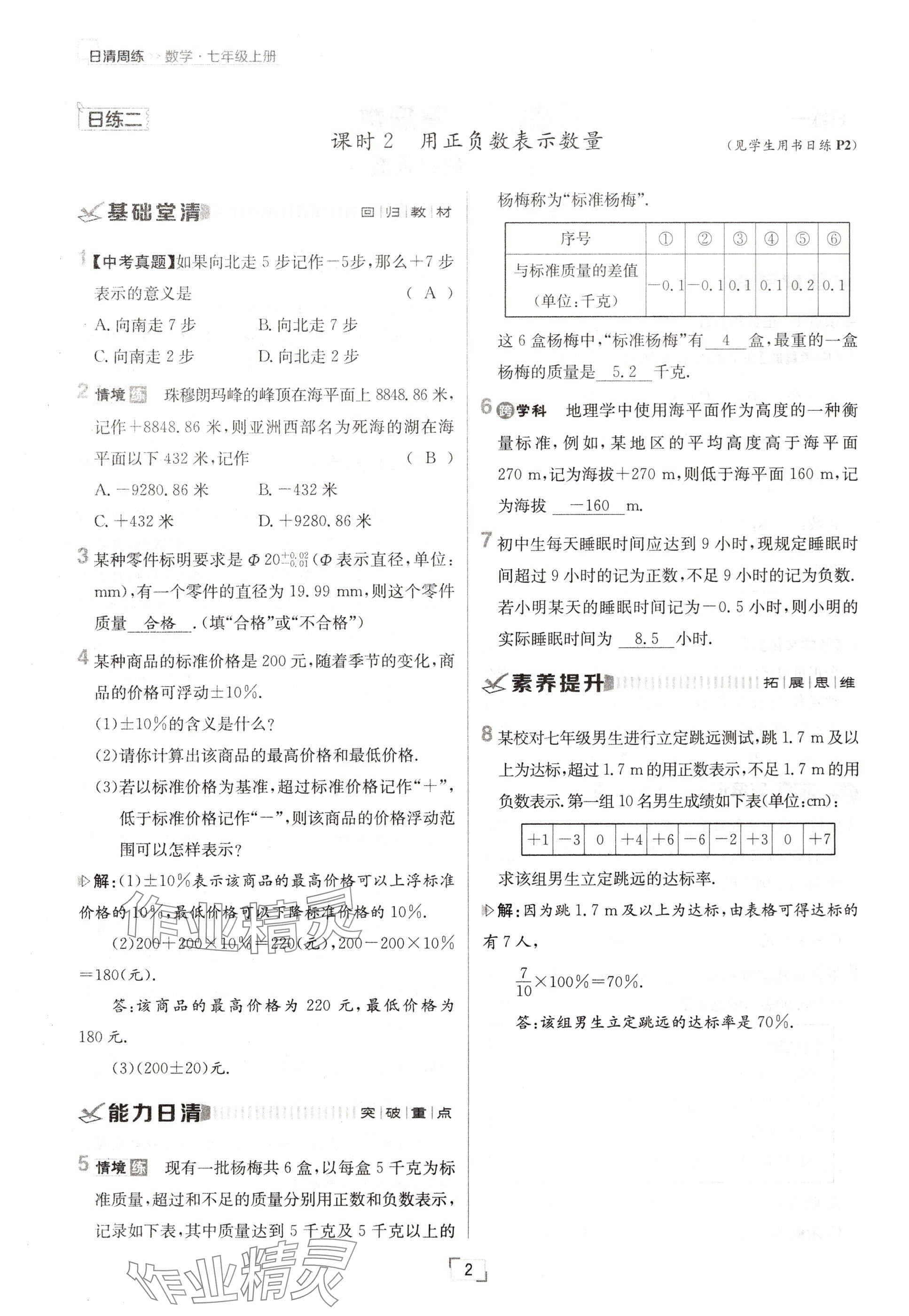 2024年日清周練七年級數(shù)學(xué)上冊人教版 參考答案第2頁