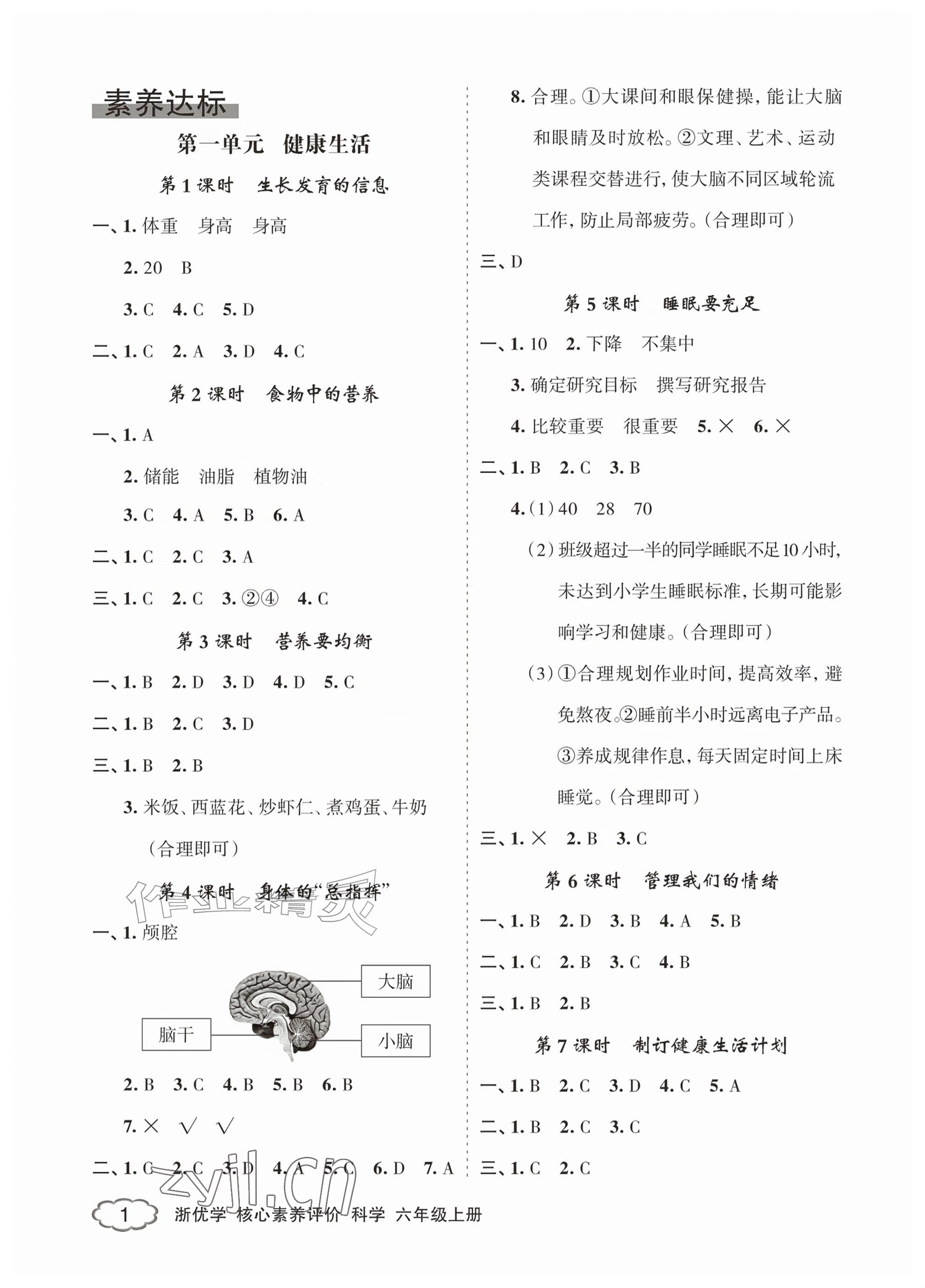 2026年浙优学核心素养评价六年级科学上册教科版&nbsp;参考答案第1页