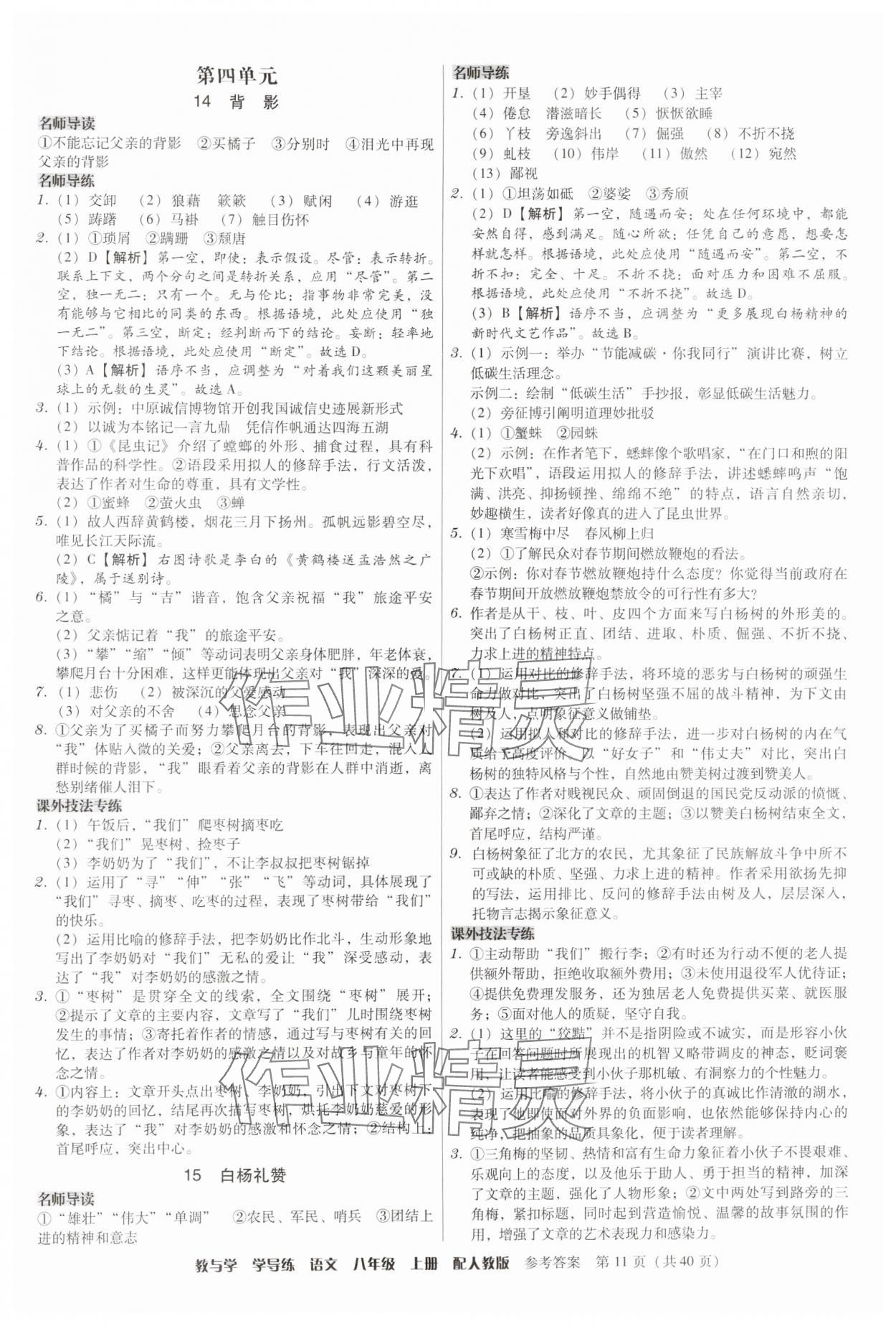 2024年教與學(xué)學(xué)導(dǎo)練八年級語文上冊人教版 參考答案第11頁