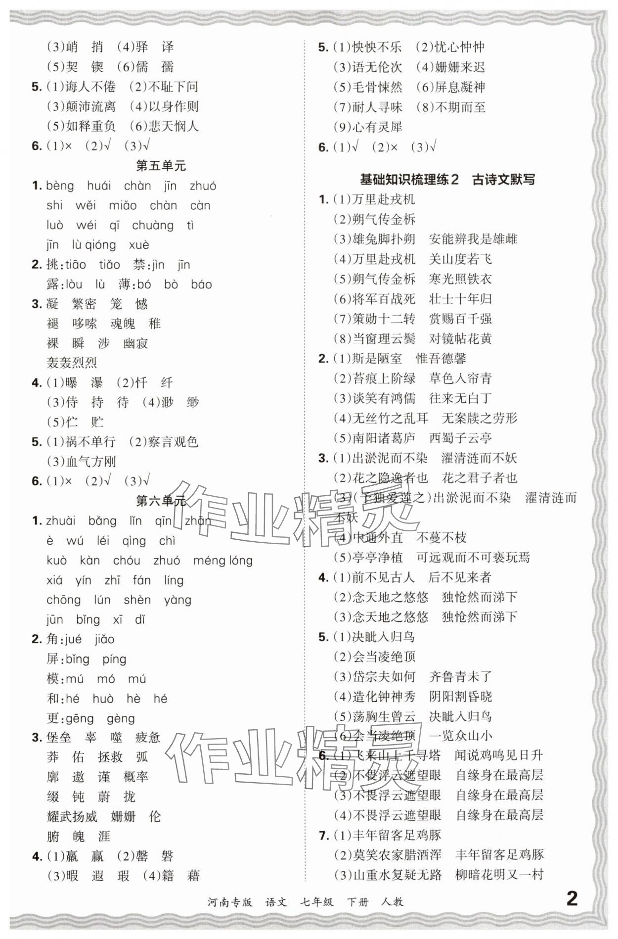 2024年王朝霞各地期末試卷精選七年級(jí)語文下冊(cè)人教版河南專版 參考答案第2頁