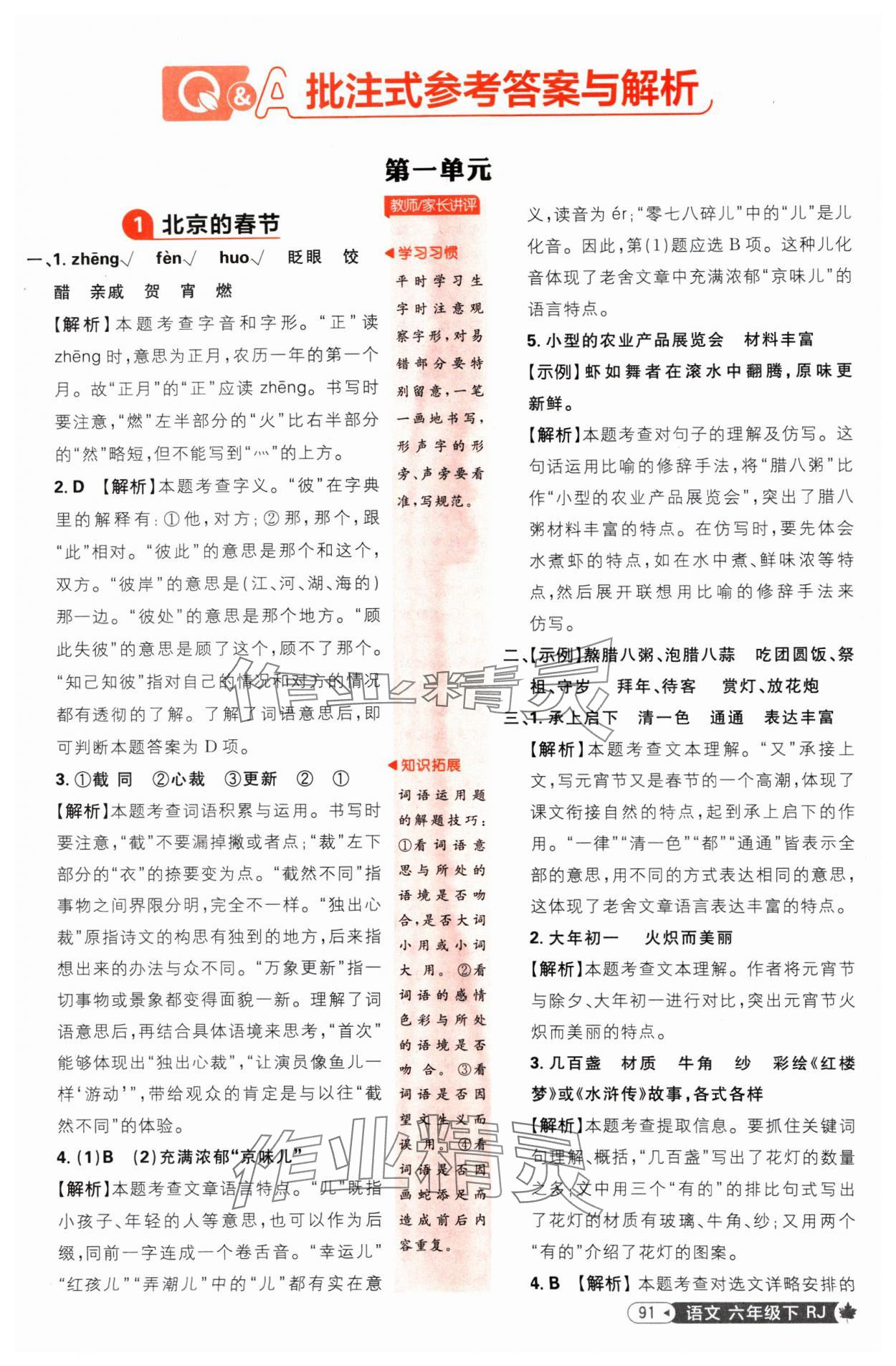 2025年小學(xué)必刷題六年級(jí)語(yǔ)文下冊(cè)人教版 參考答案第1頁(yè)