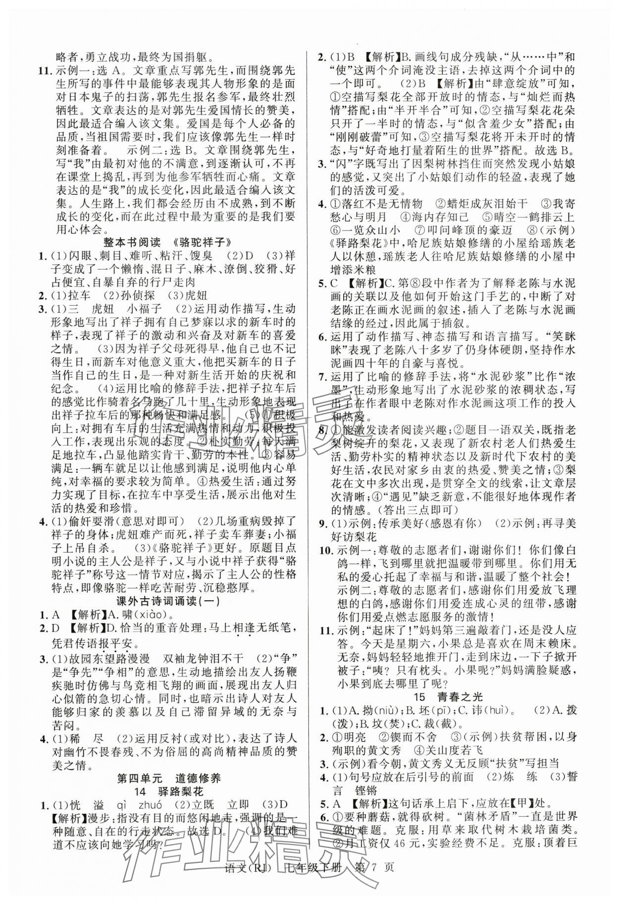 2025年课时夺冠七年级语文下册人教版 参考答案第7页