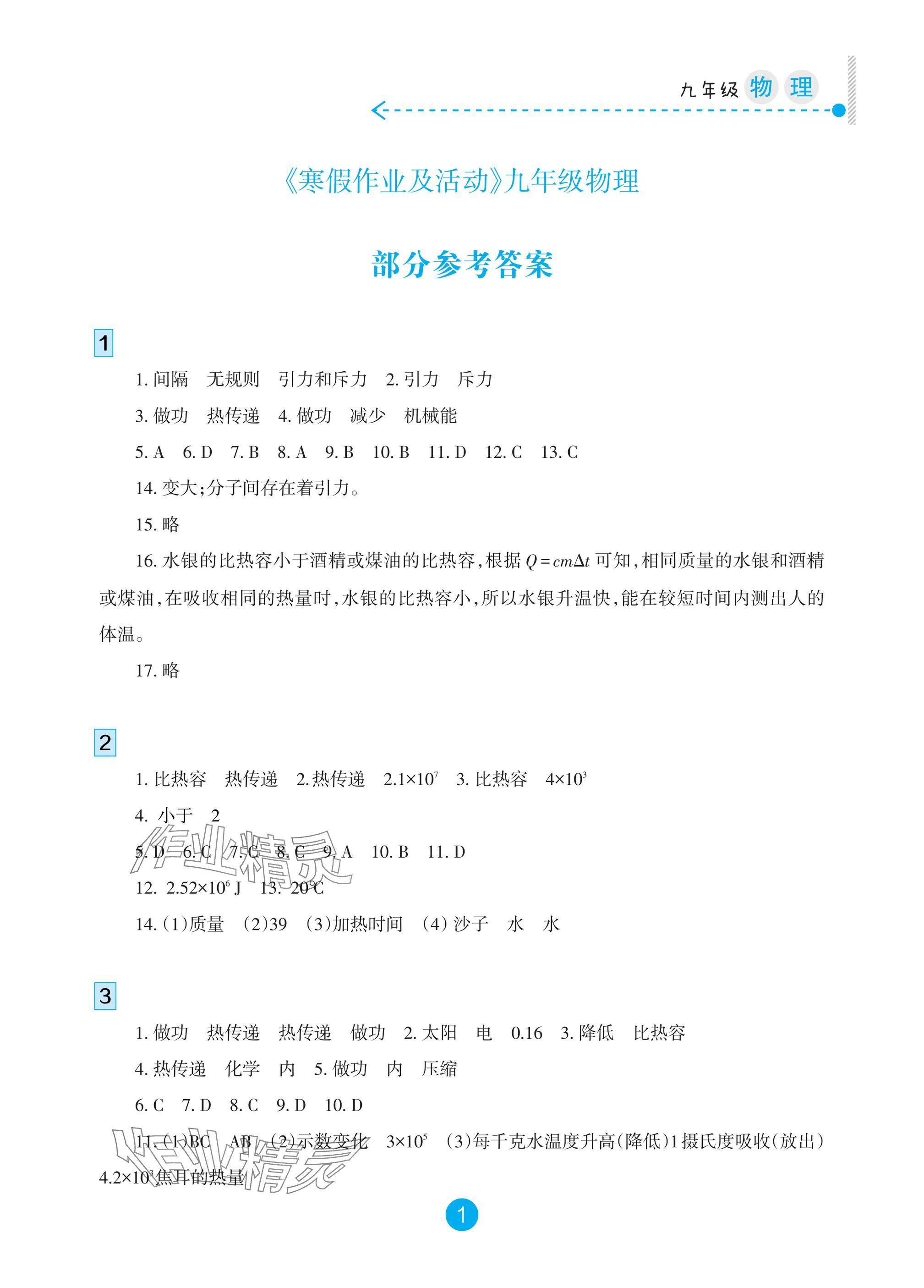 2025年寒假作業(yè)及活動九年級物理 參考答案第1頁