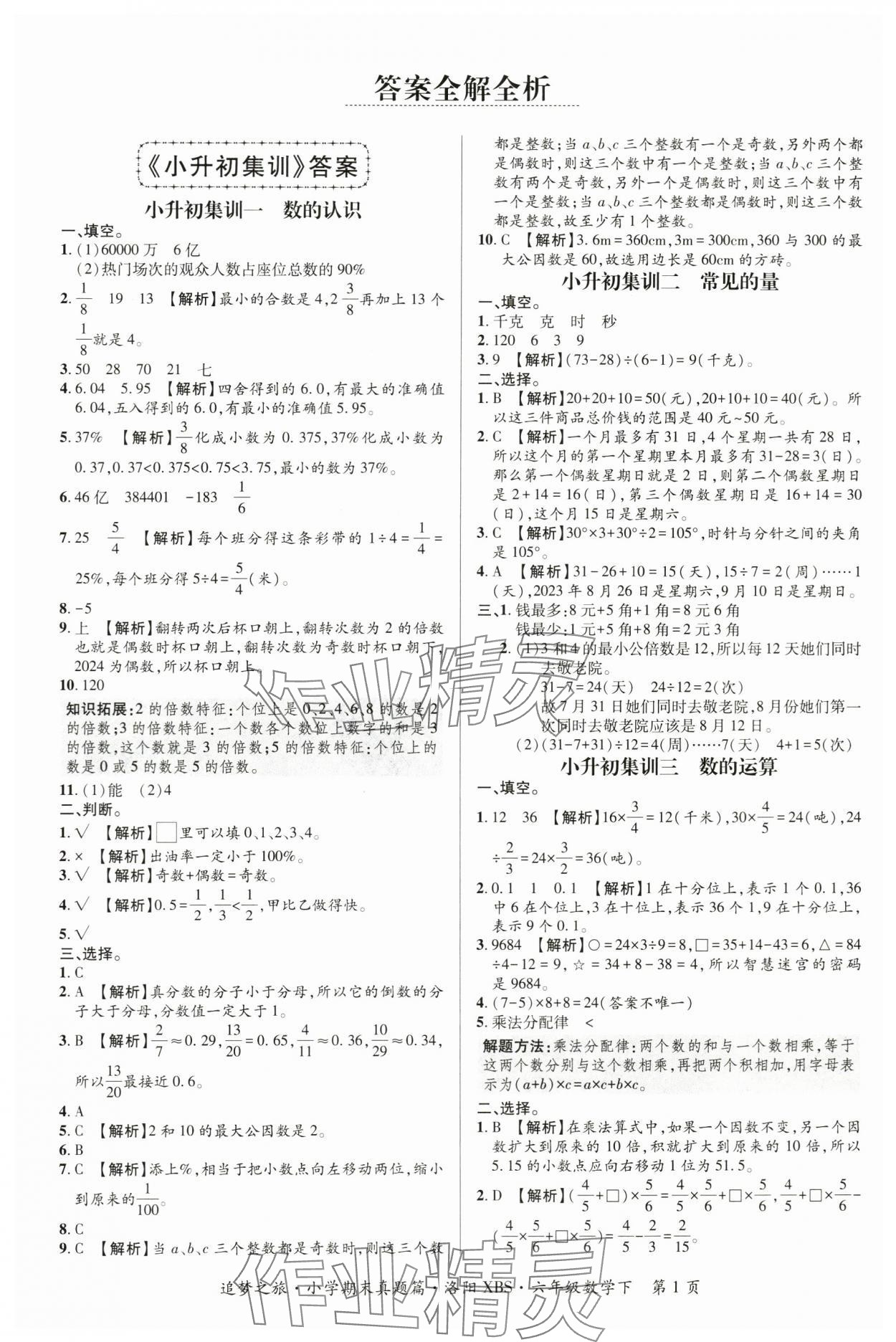 2024年追夢(mèng)之旅小學(xué)期末真題篇六年級(jí)數(shù)學(xué)下冊(cè)蘇教版洛陽(yáng)專版 參考答案第1頁(yè)