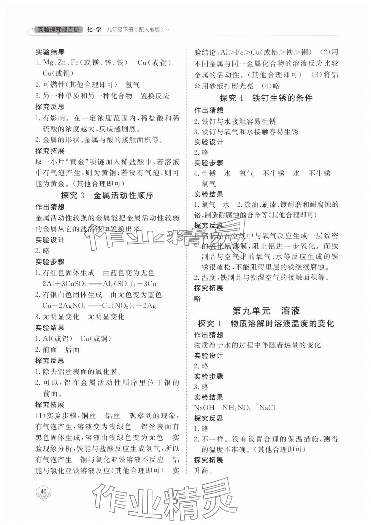 2025年实验探究报告册山东科学技术出版社九年级化学下册人教版 第2页
