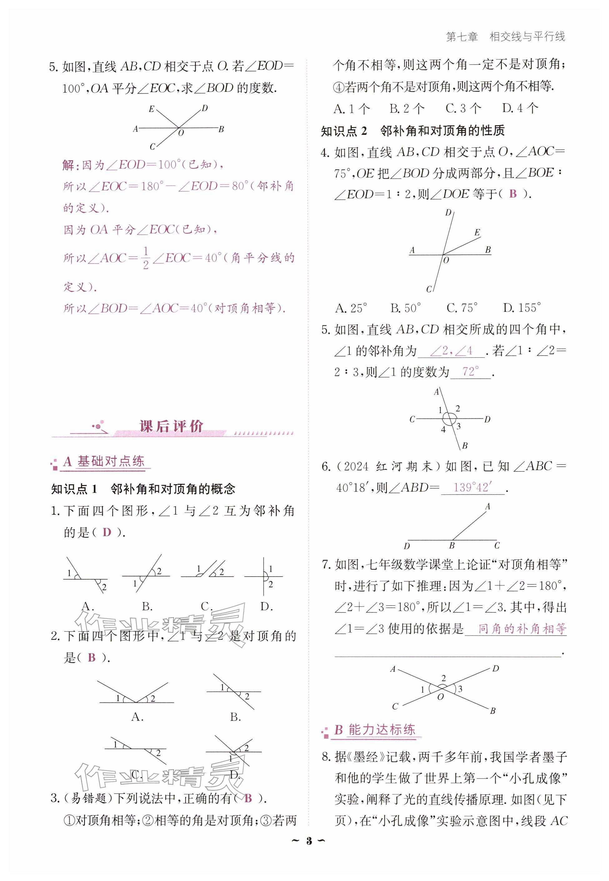 2026年优佳学案（云南）七年级数学下册人教版&nbsp;参考答案第3页