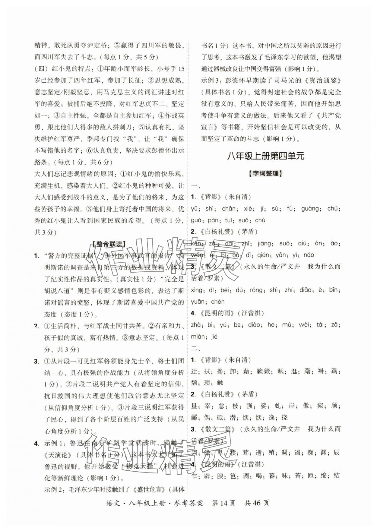 2024年单元优练八年级语文上册人教版广州专版&nbsp;参考答案第14页