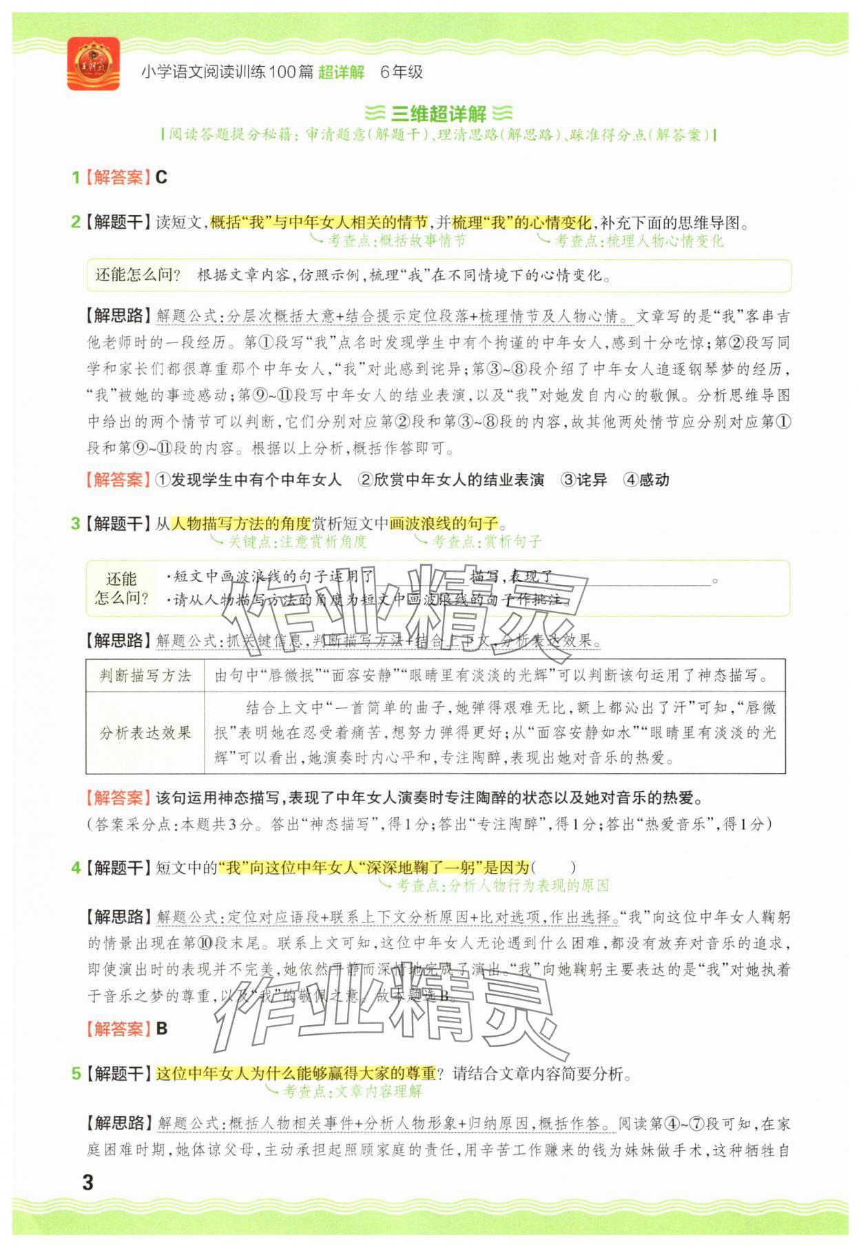 2025年王朝霞小学语文阅读训练100篇六年级 参考答案第3页