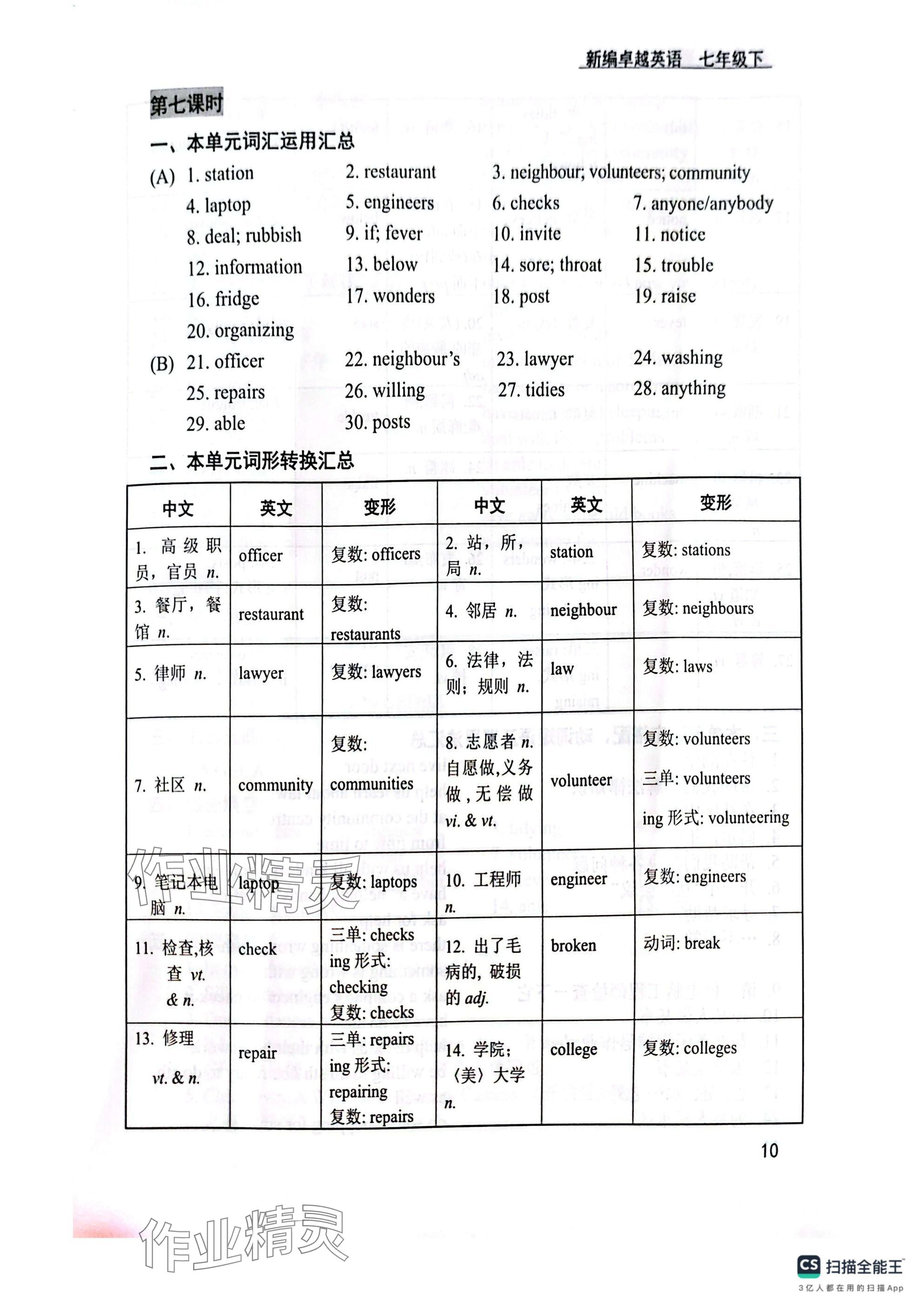 2025年卓越英語七年級下冊譯林版&nbsp;參考答案第10頁